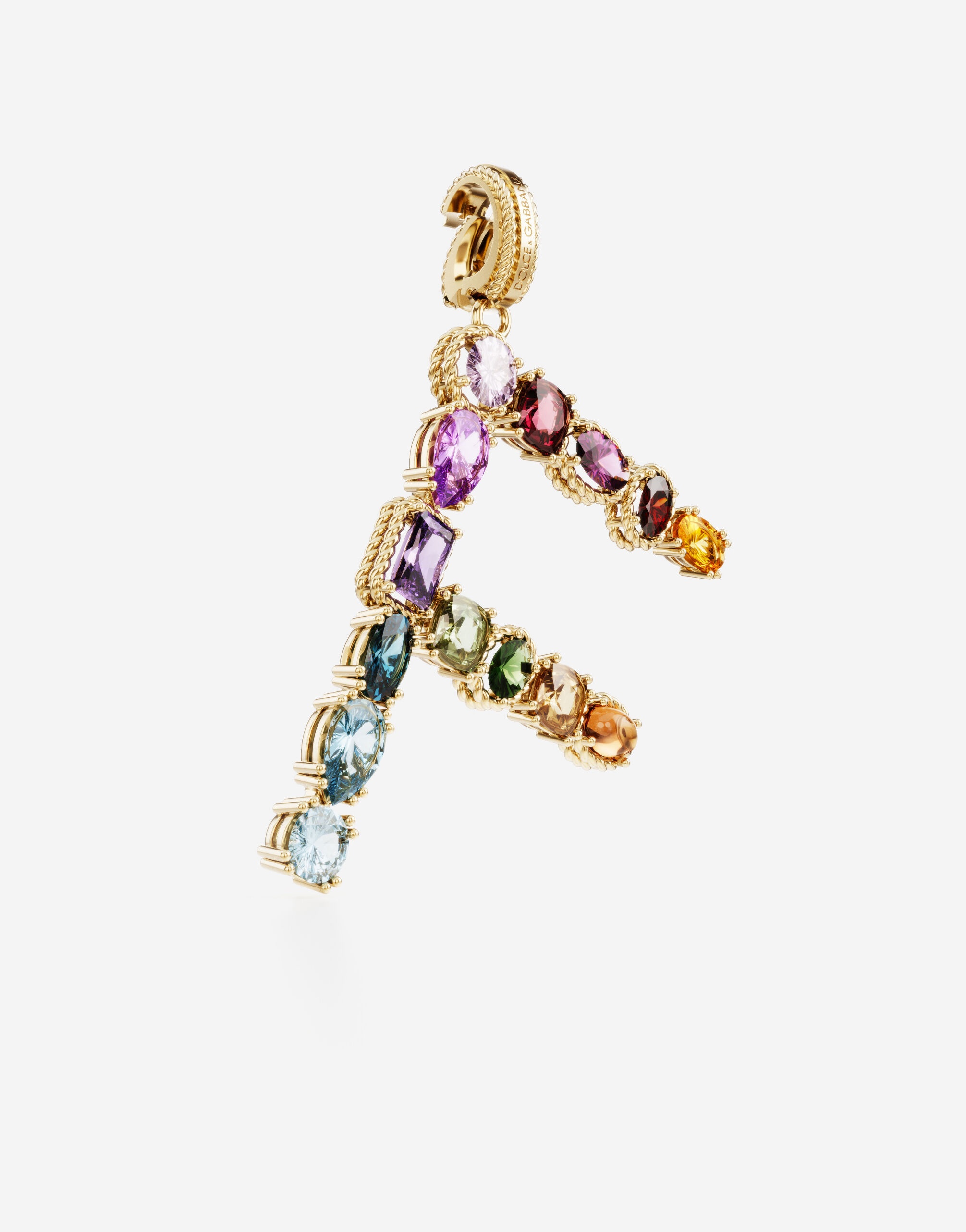 Rainbow alphabet F 18 kt yellow gold charm with multicolor fine gems - 2