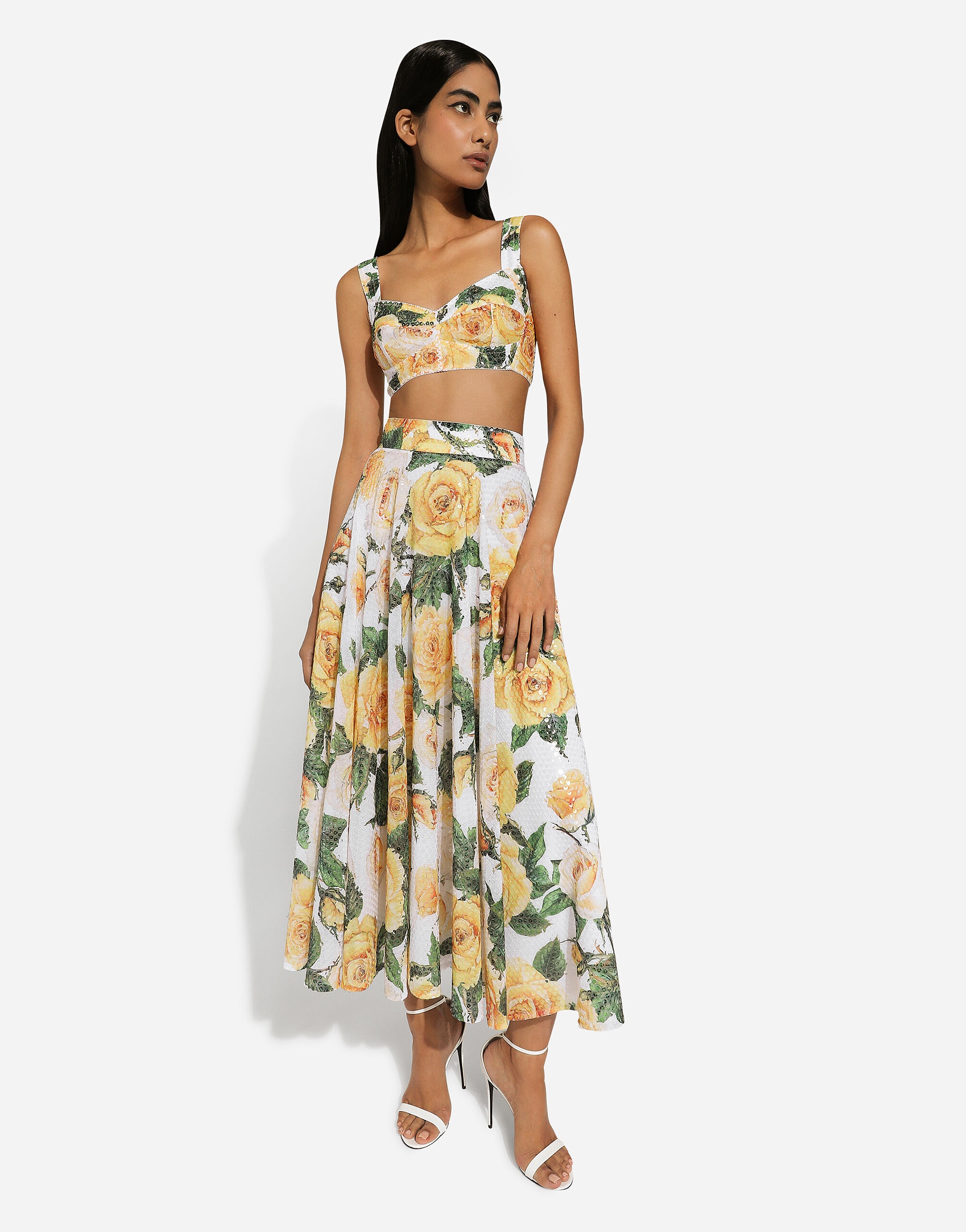 Sequined midi circle skirt with yellow rose print - 5