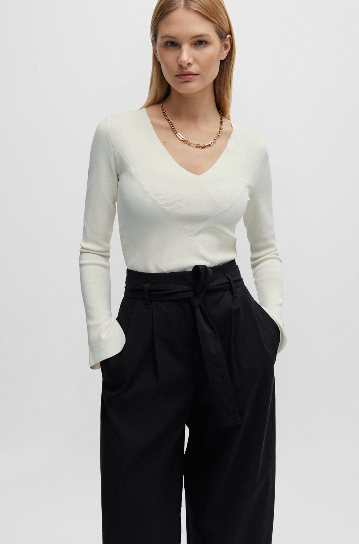 TAPERED-FIT WIDE-LEG TROUSERS WITH FABRIC BELT - 5