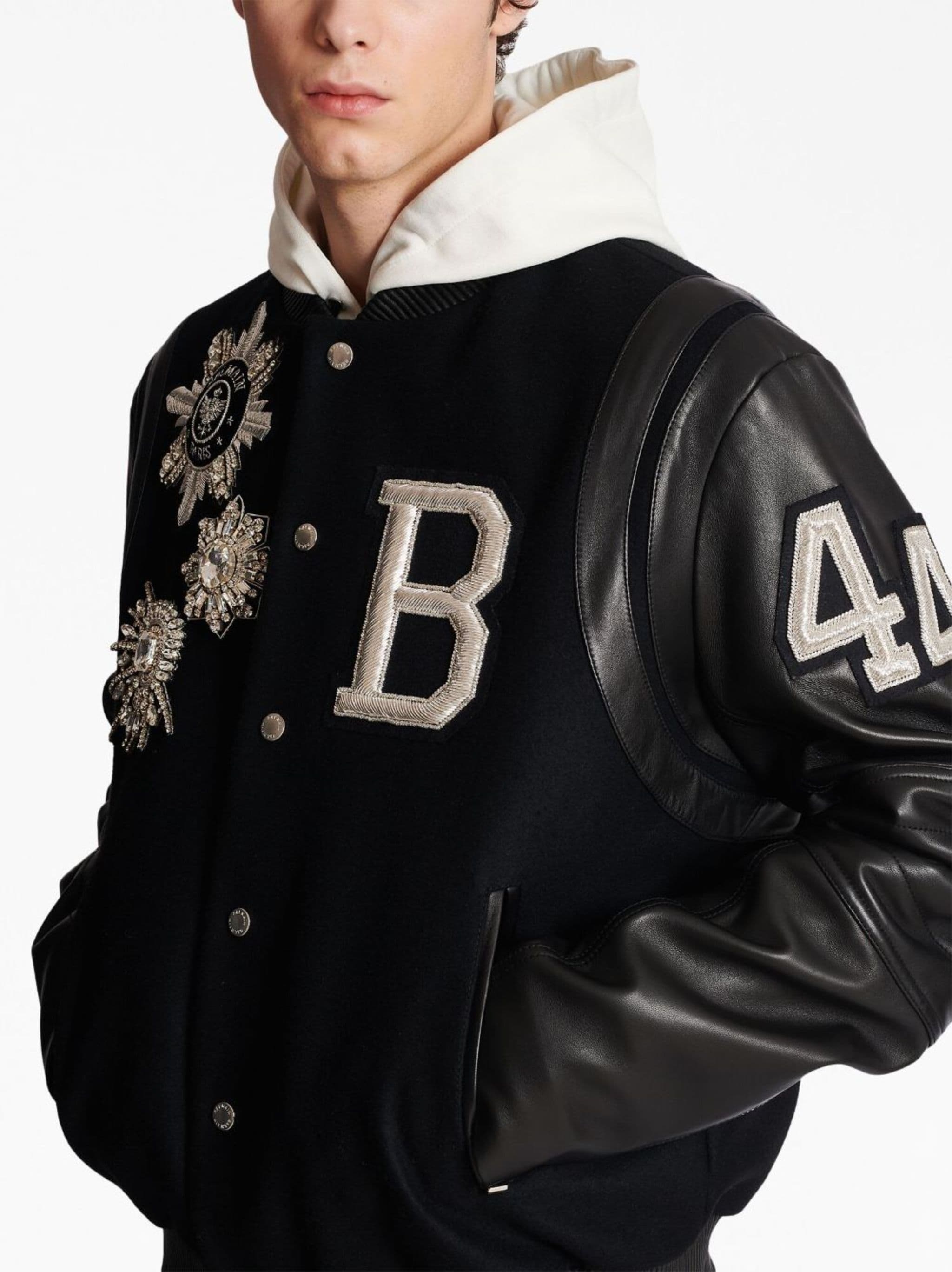 Balmain appliqué hooded leather jacket eraldo REVERSIBLE