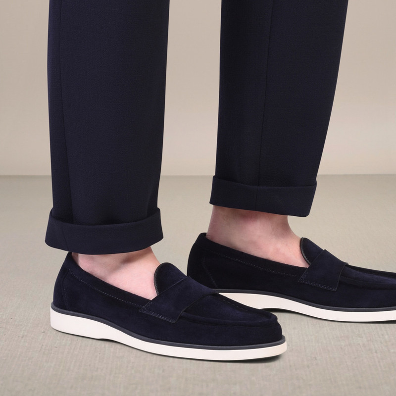 Santoni Men's blue suede penny loafer outlook