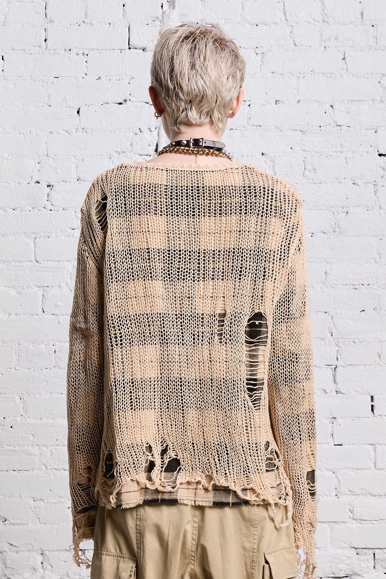 RELAXED OVERLAY CREWNECK - CREAM AND BLACK PLAID - 7