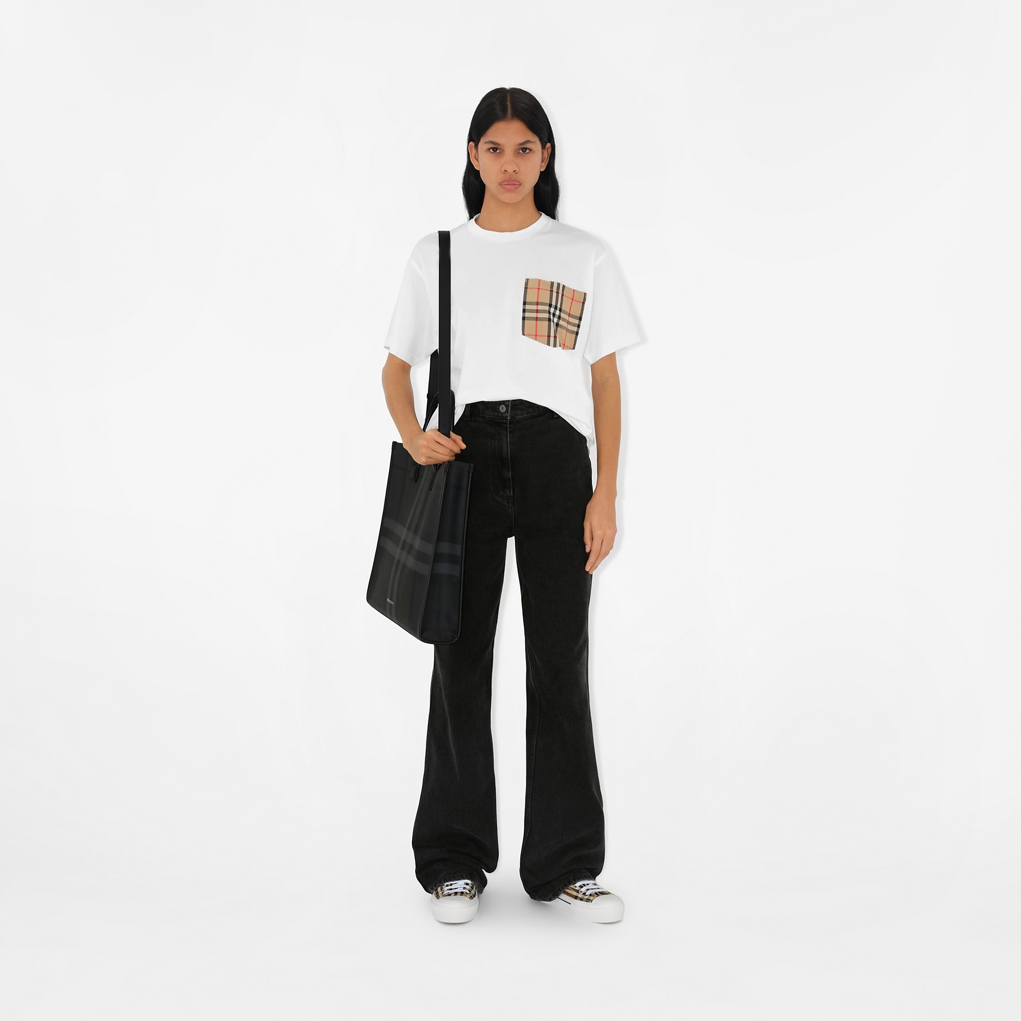 Charcoal Check and Leather Slim Tote - 3