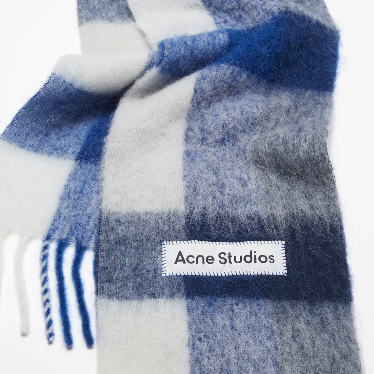 MOHAIR CHECKED SCARF (WHITE/GREY/ROYAL BLUE) - 2