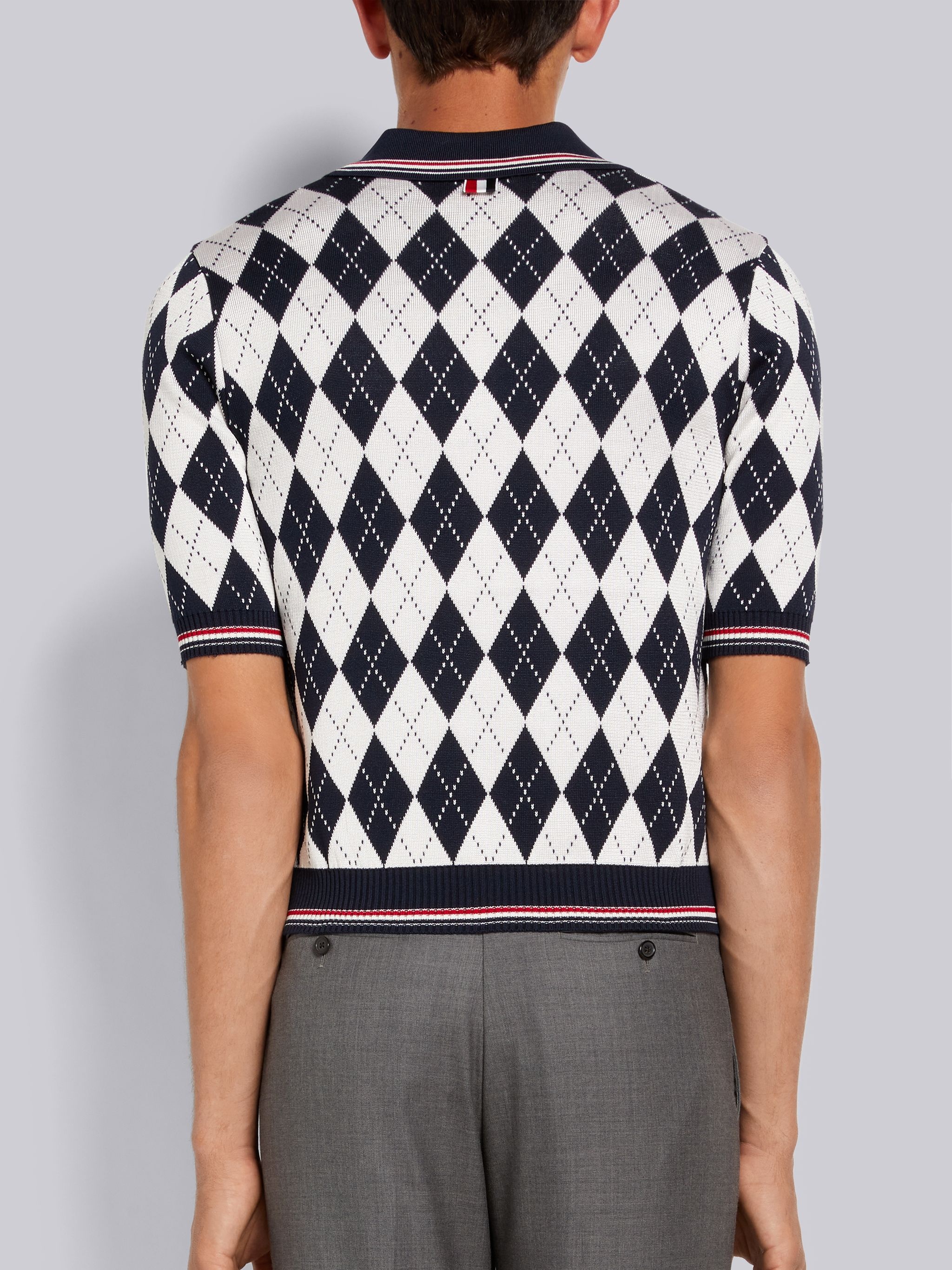 Navy Argyle Cotton Silk Stripe Tipping Polo - 3