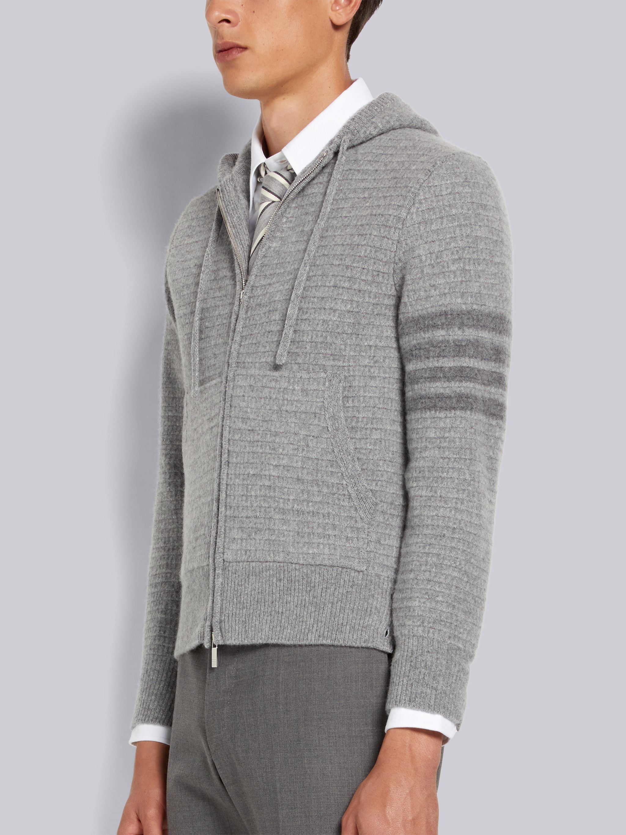 Light Grey Overwashed Cashmere 4-Bar Zip up Hoodie - 2