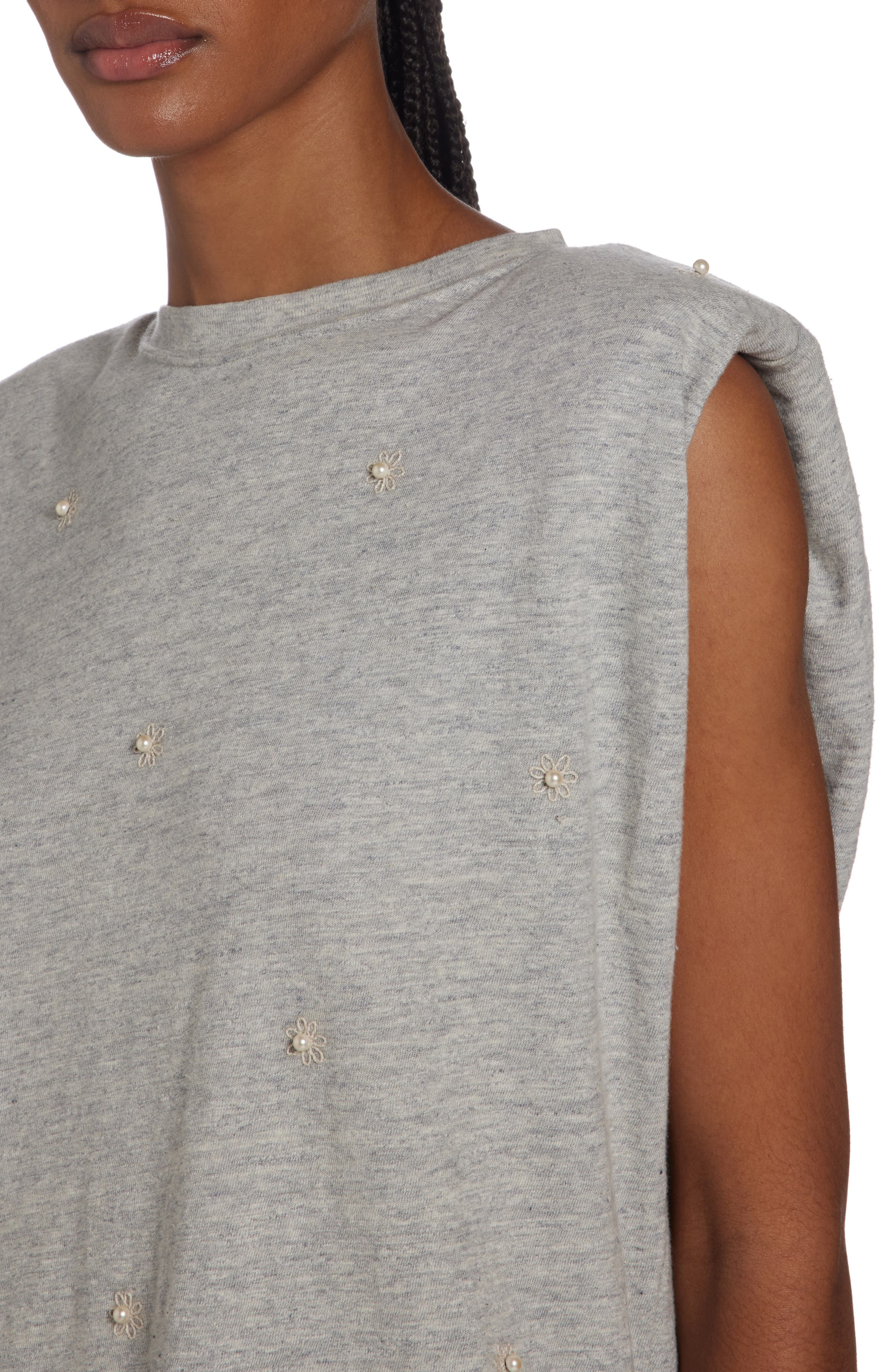 Golden Goose Imitation Pearl Embellished Cotton Shoulder Pad Tank in Melange Grey/Heritage White at  - 5
