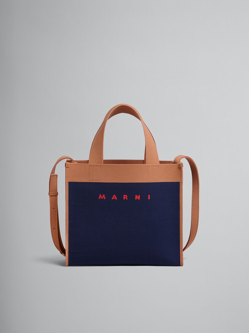 SMALL SHOPPING BAG IN BLUE AND BROWN JACQUARD - 1