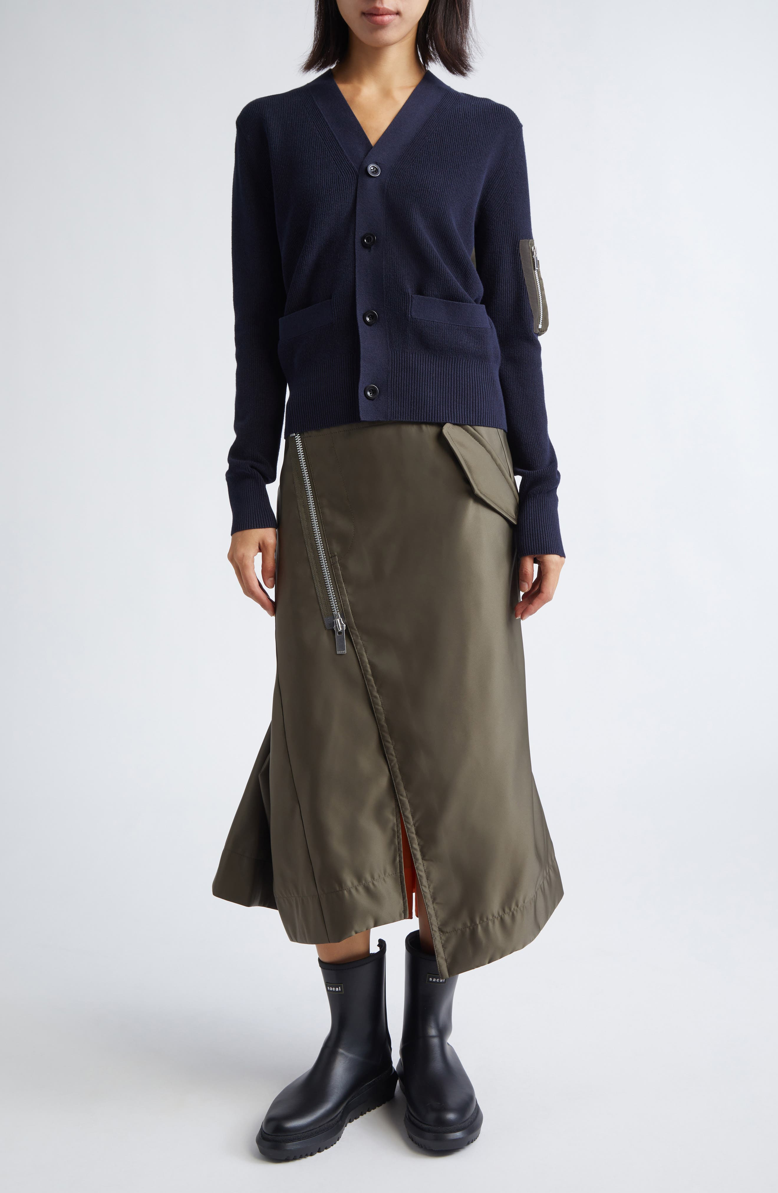 Sacai Mixed Media Nylon Twill & Knit Cardigan in Navy/Dark Khaki at Nordstrom - 2