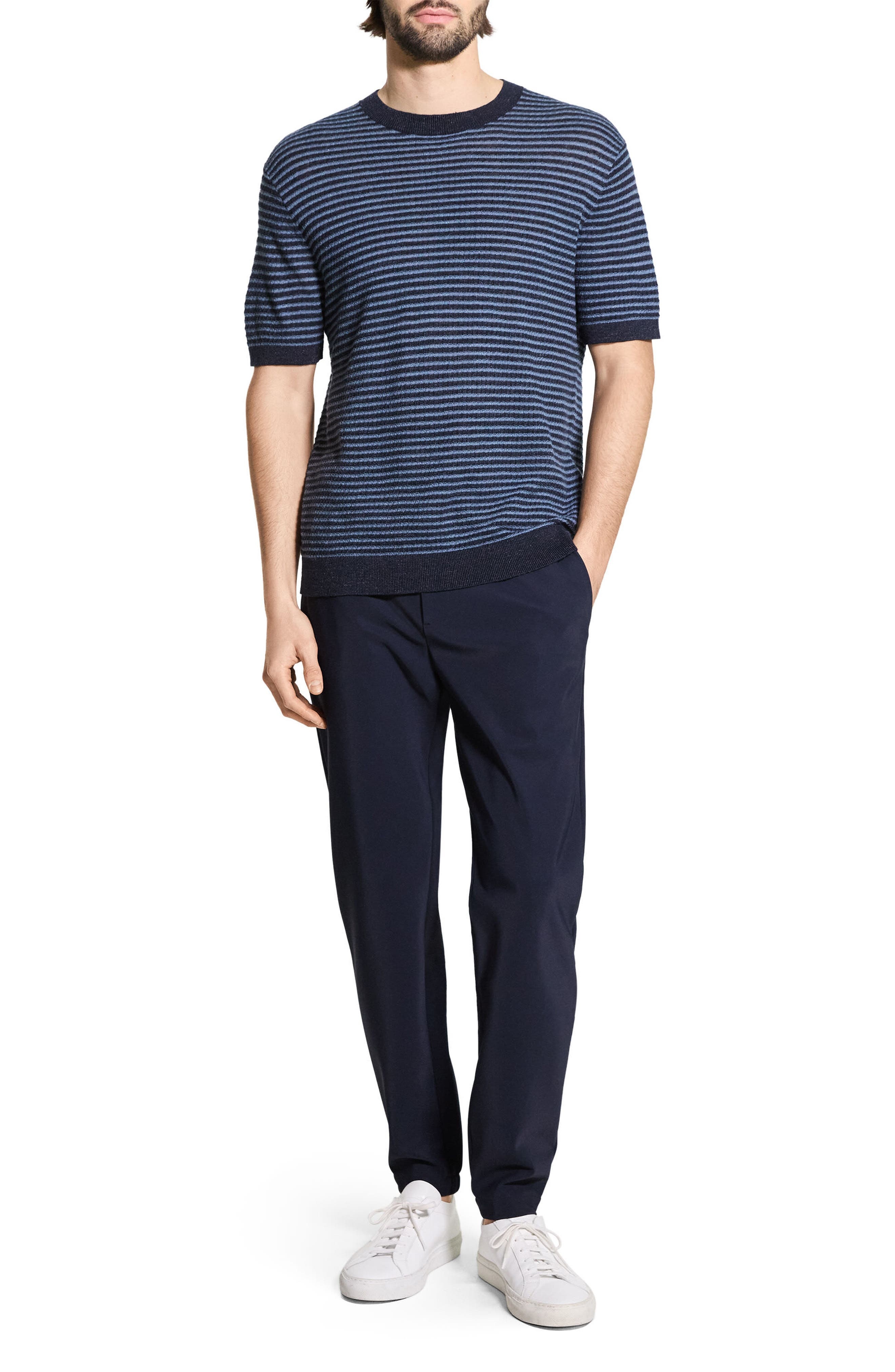 Theory Stripe Short Sleeve Linen & Cotton Blend Crewneck Sweater in Baltic/dark Rainstorm - 7