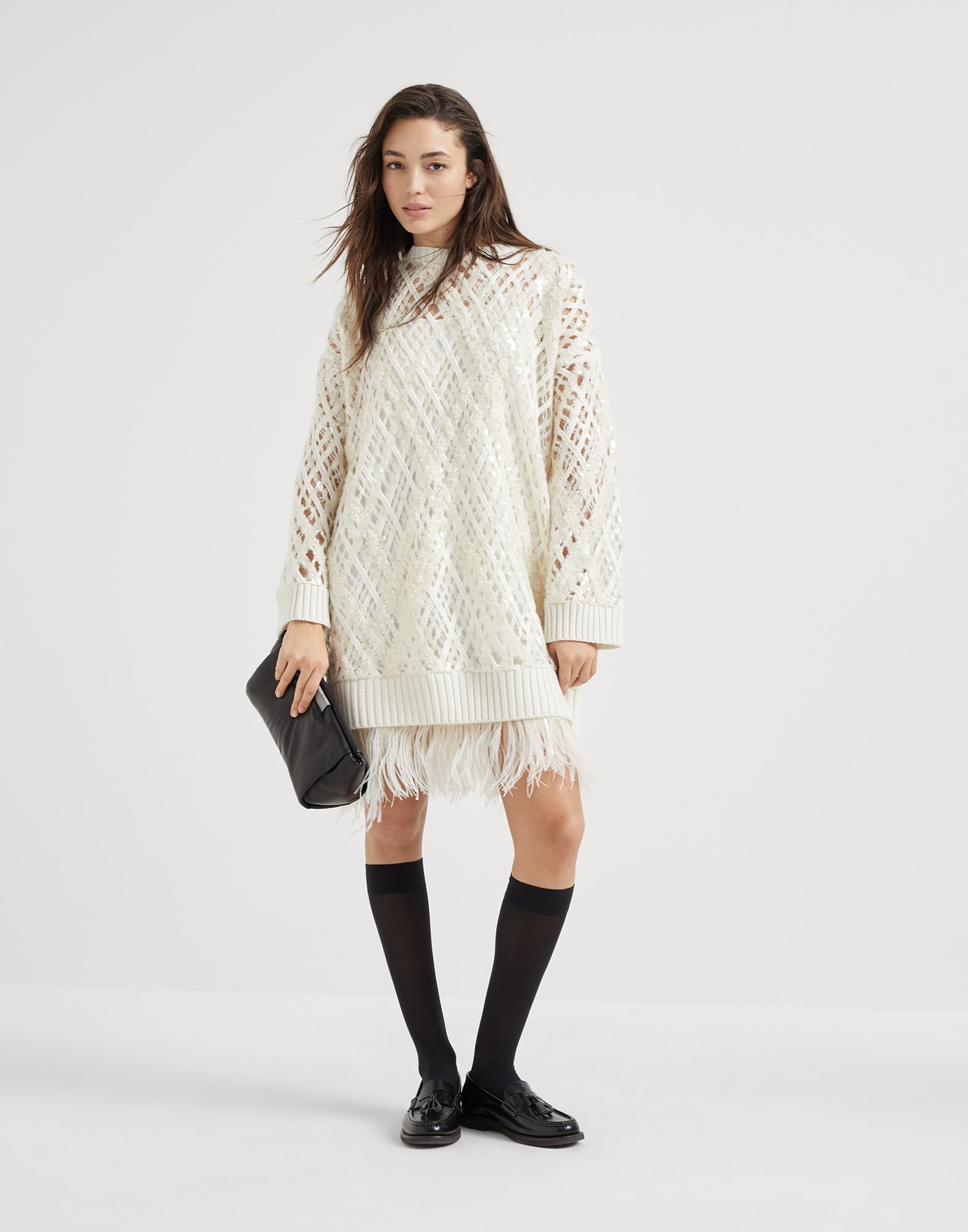 Dazzling Mesh Embroidery dress in cashmere, mohair and alpaca with detachable feather insert - 5