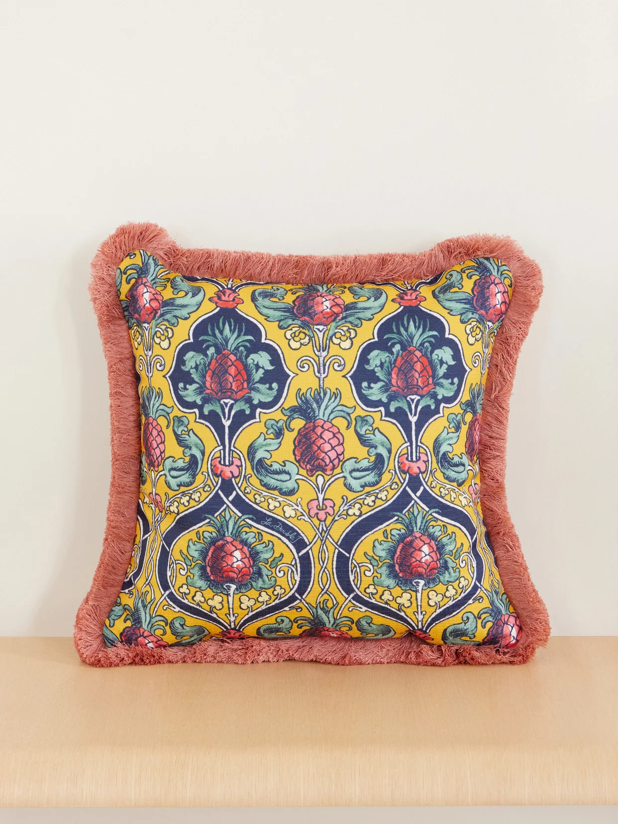 Floral-printed Fringed-trimmed Cushion - 1