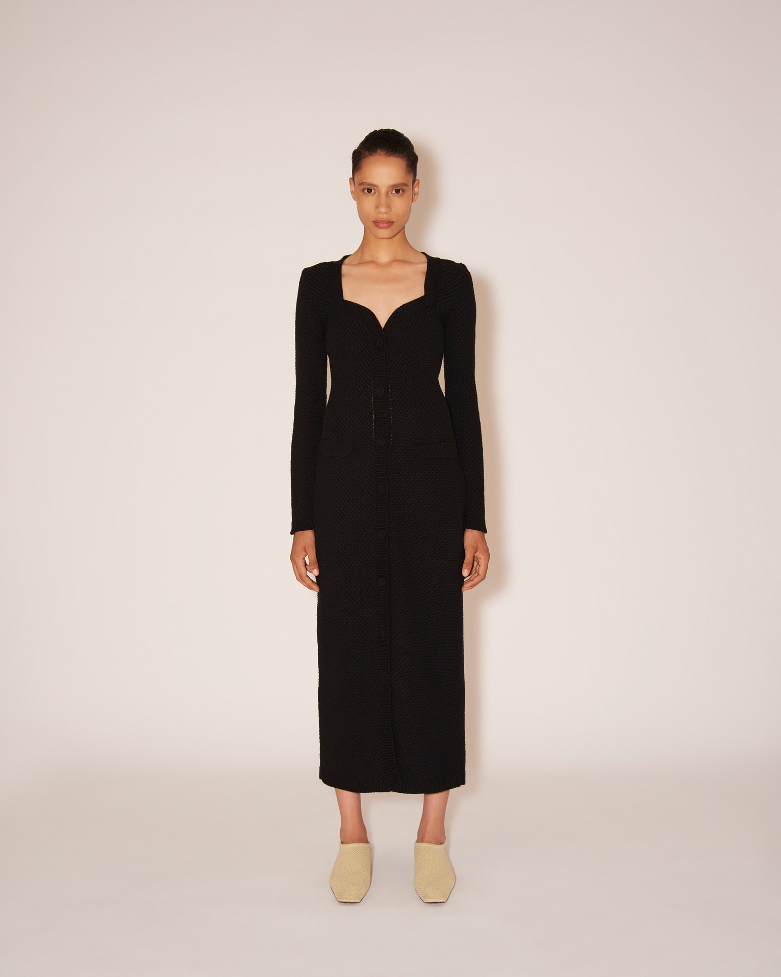 DANA - Cotton-tweed textured sweetheart neck dress - Black - 2