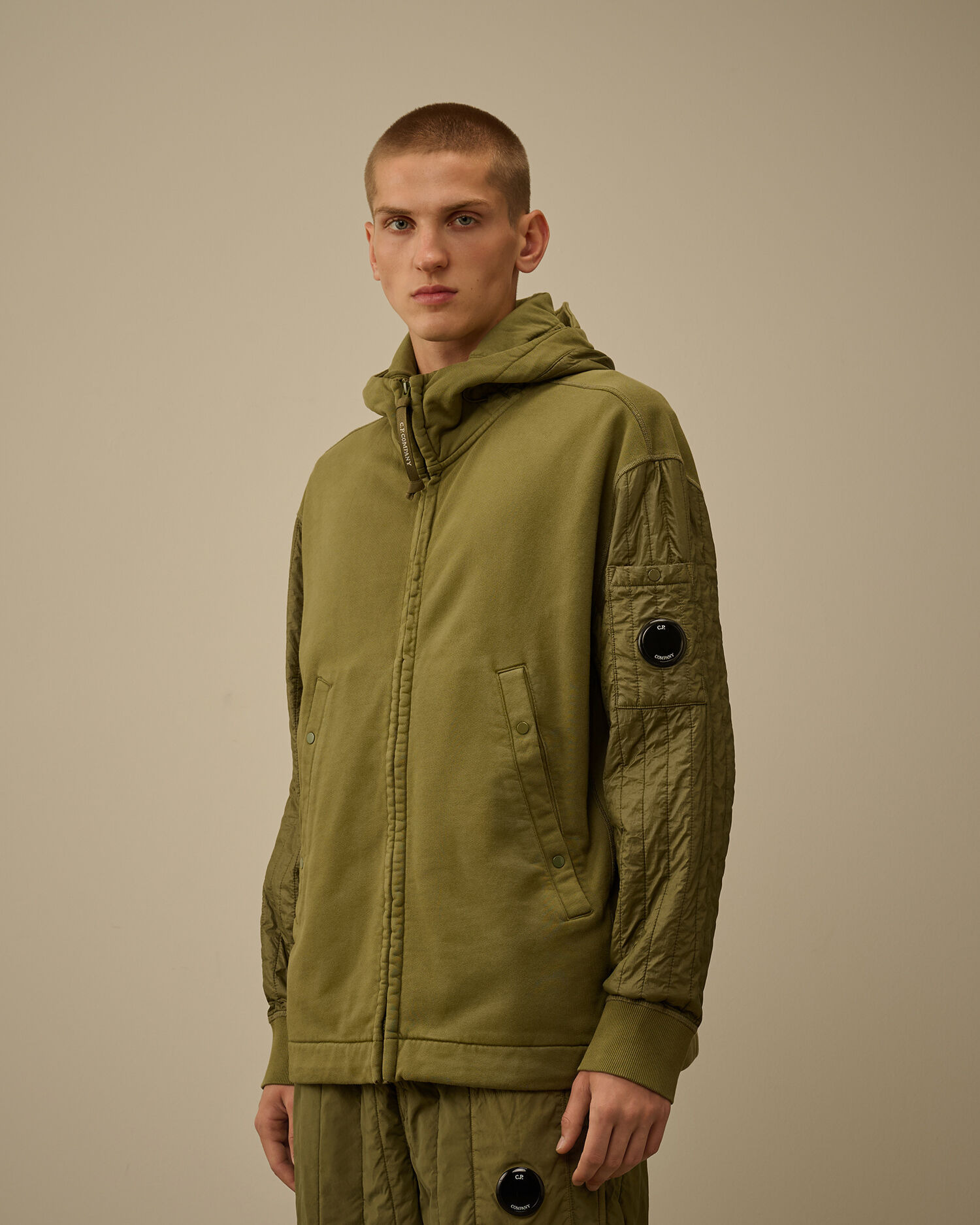 Diagonal Raised Fleece Mixed Full Zip Hooded Sweatshirt - 3