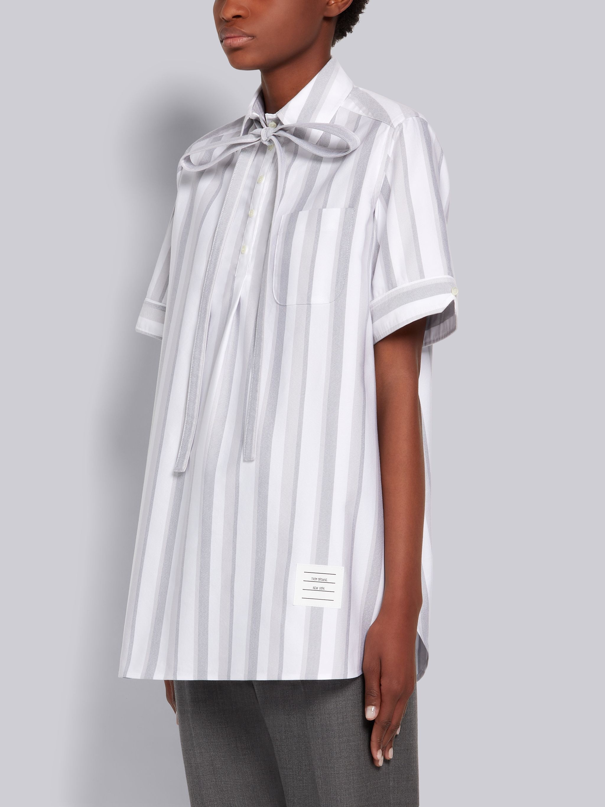 Medium Grey Alternating Stripe Oxford Bow Tie Blouson Short-sleeved Shirt - 2