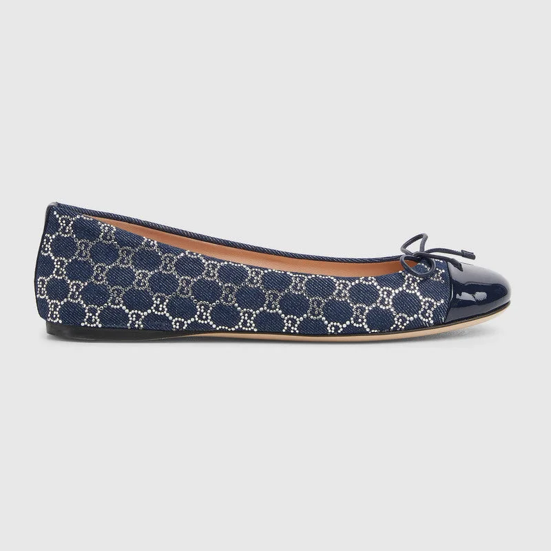 Gucci GG Bow Crystal Denim Ballet Flats - 1