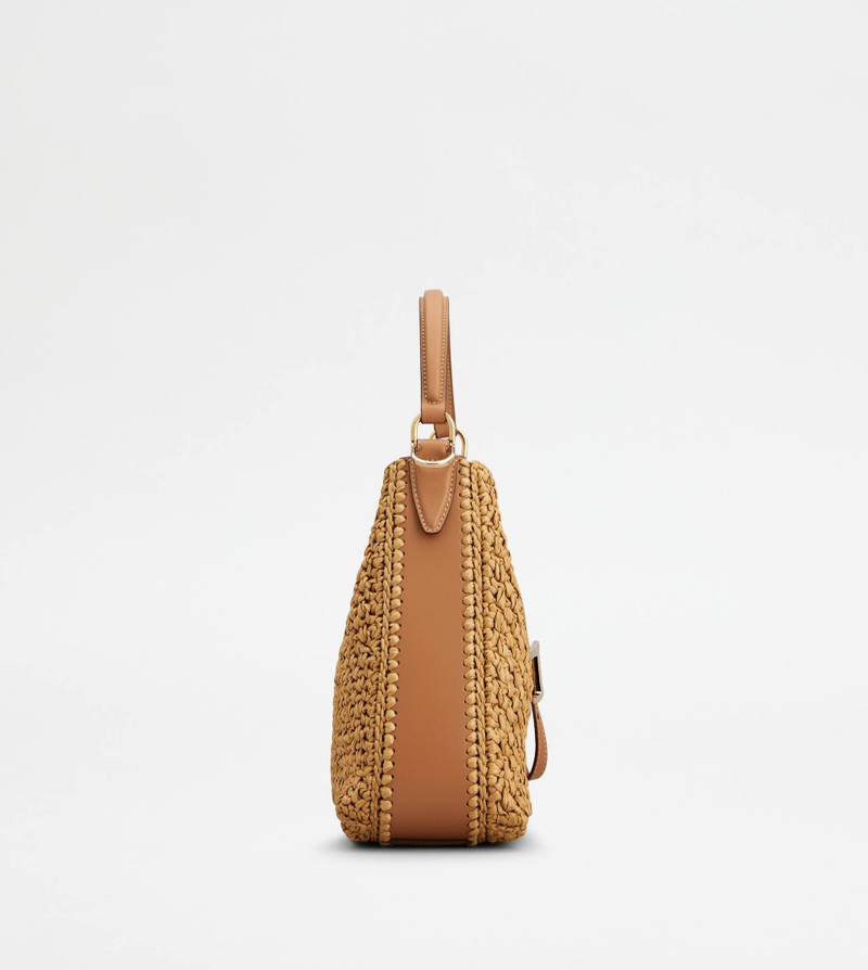 T TIMELESS BUCKET BAG IN RAFFIA AND LEATHER MINI - BROWN 2