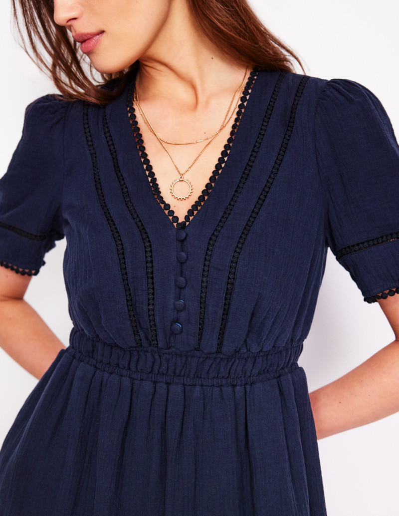Trim Double Cloth Dress-Navy 3