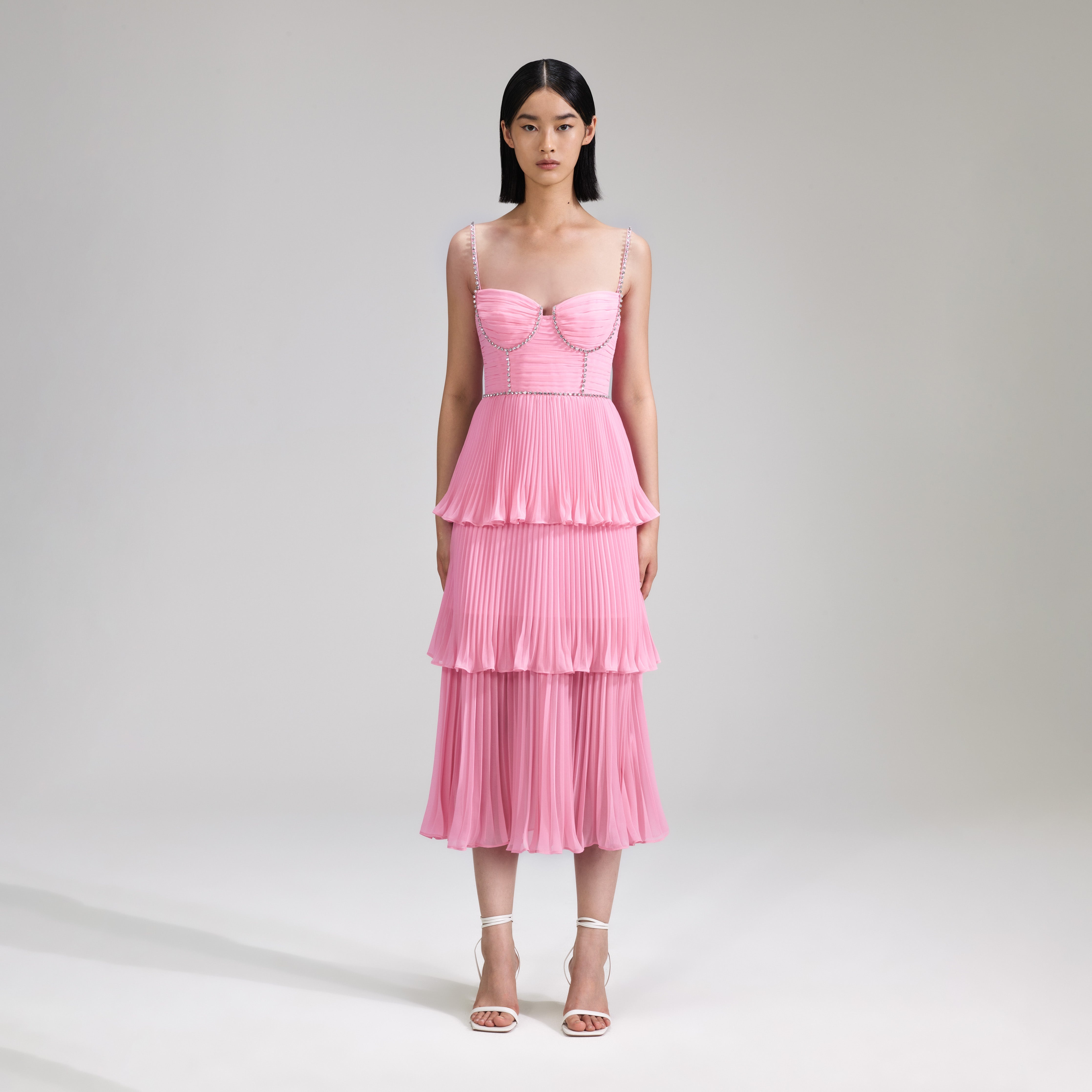 self portrait Pink Chiffon Tiered Midi Dress REVERSIBLE