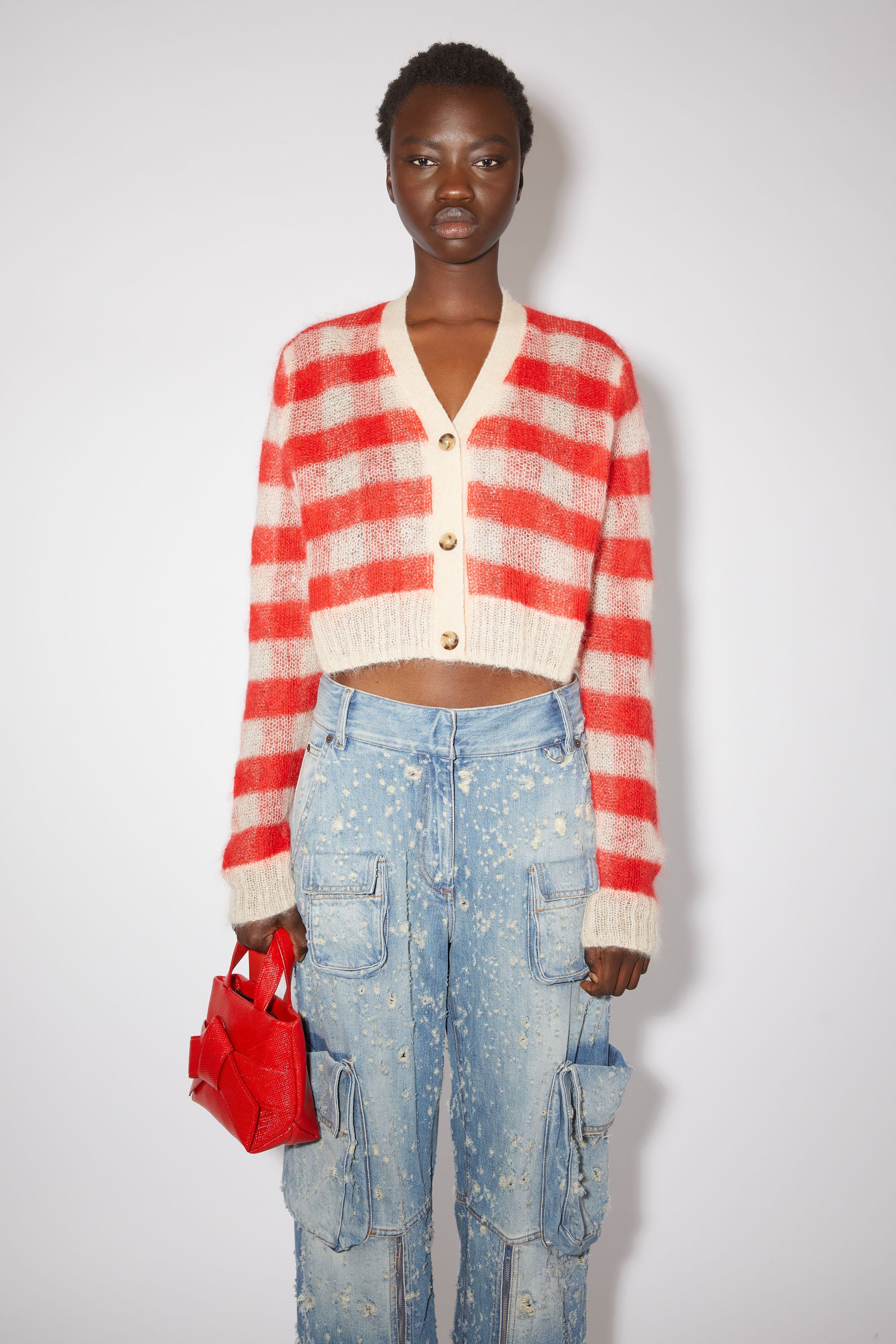 Vichy check cardigan - Light beige/red - 2
