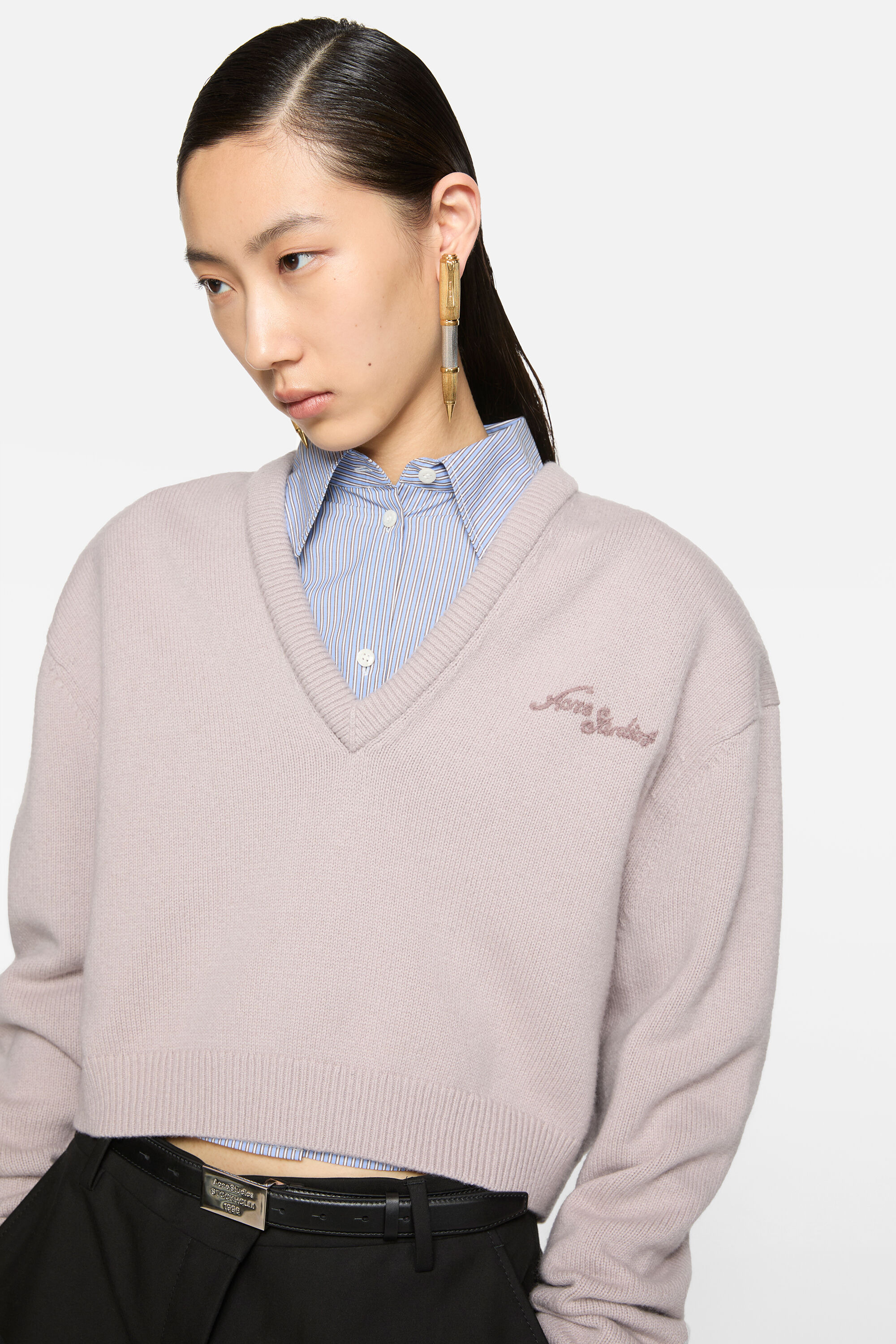 Wool v-neck sweater - Pale grey - 4