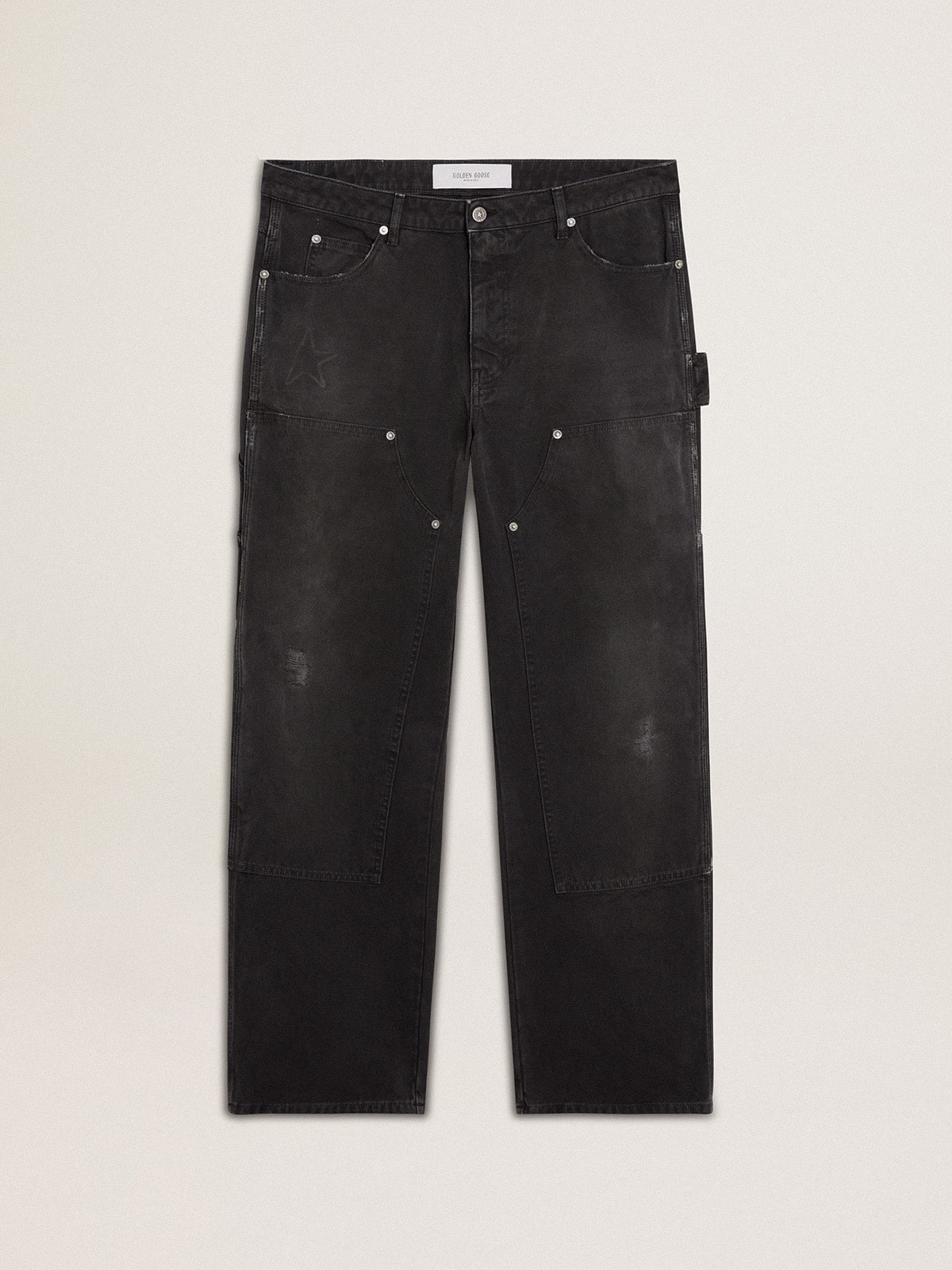 Men's distressed black cotton jeans with front patches - 1