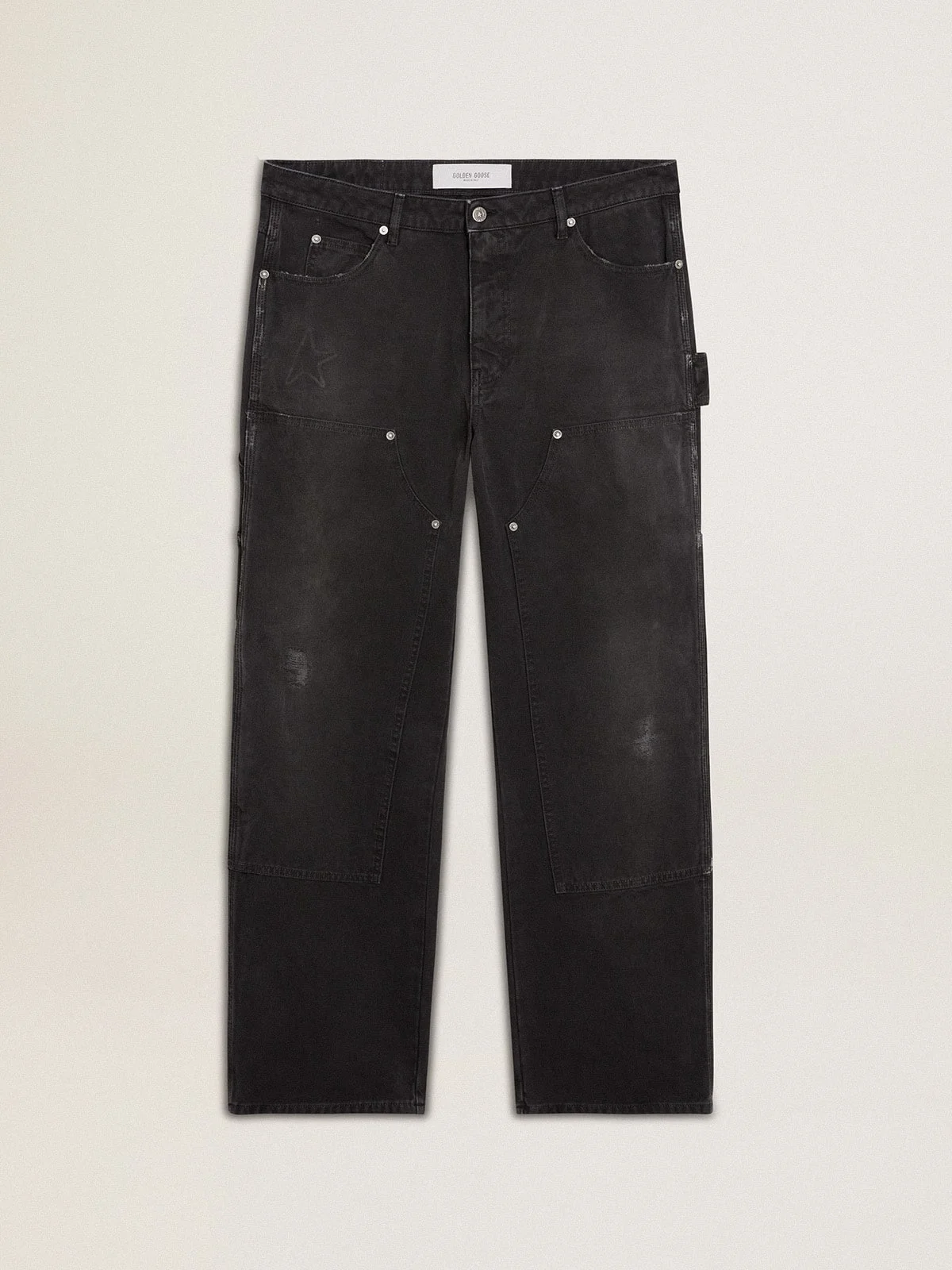 Men's distressed black cotton jeans with front patches - 1