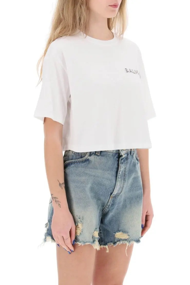 CROPPED T-SHIRT WITH METALLIC LOGO - 2