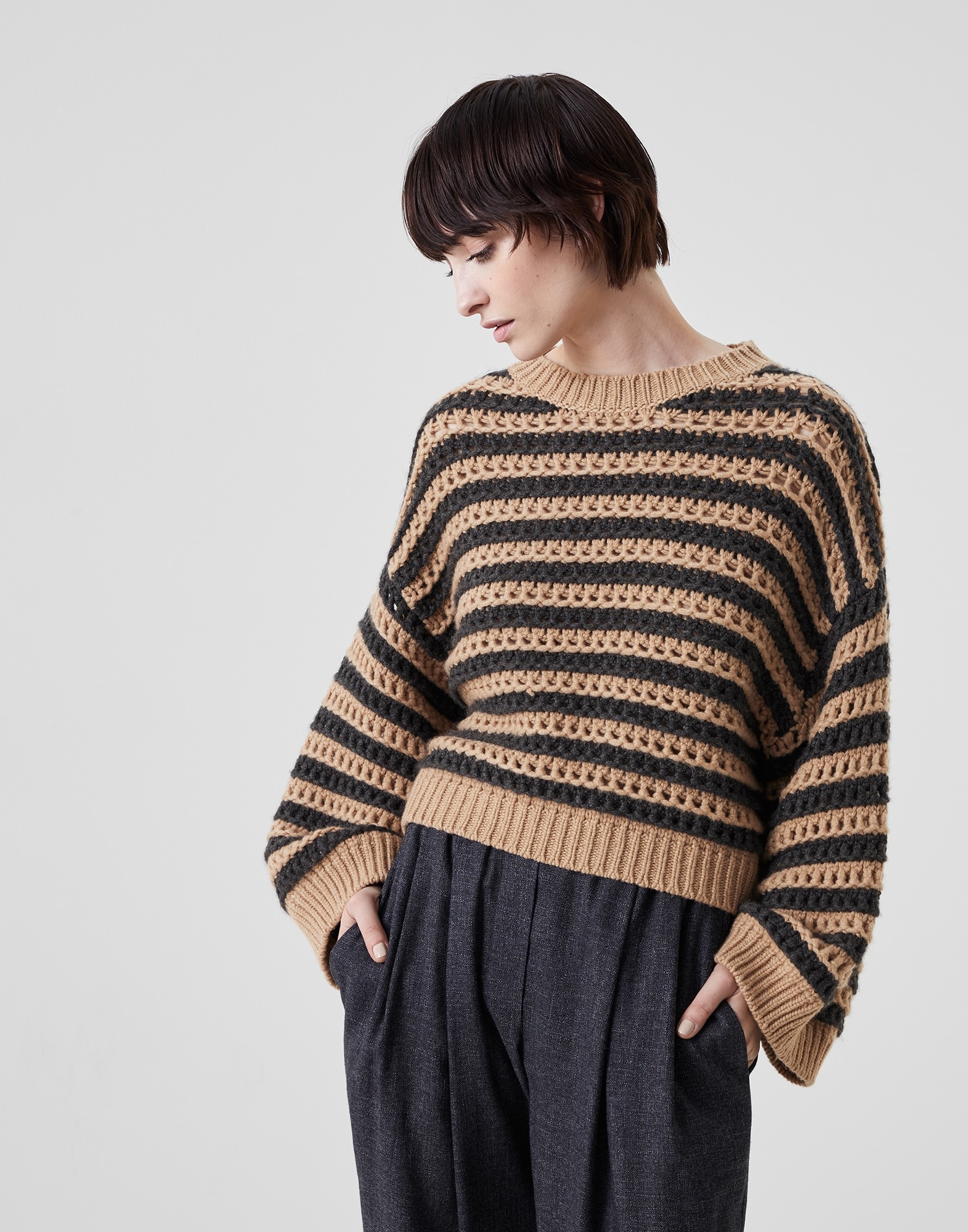 Striped net sweater in virgin wool, cashmere and silk feather yarn - 1