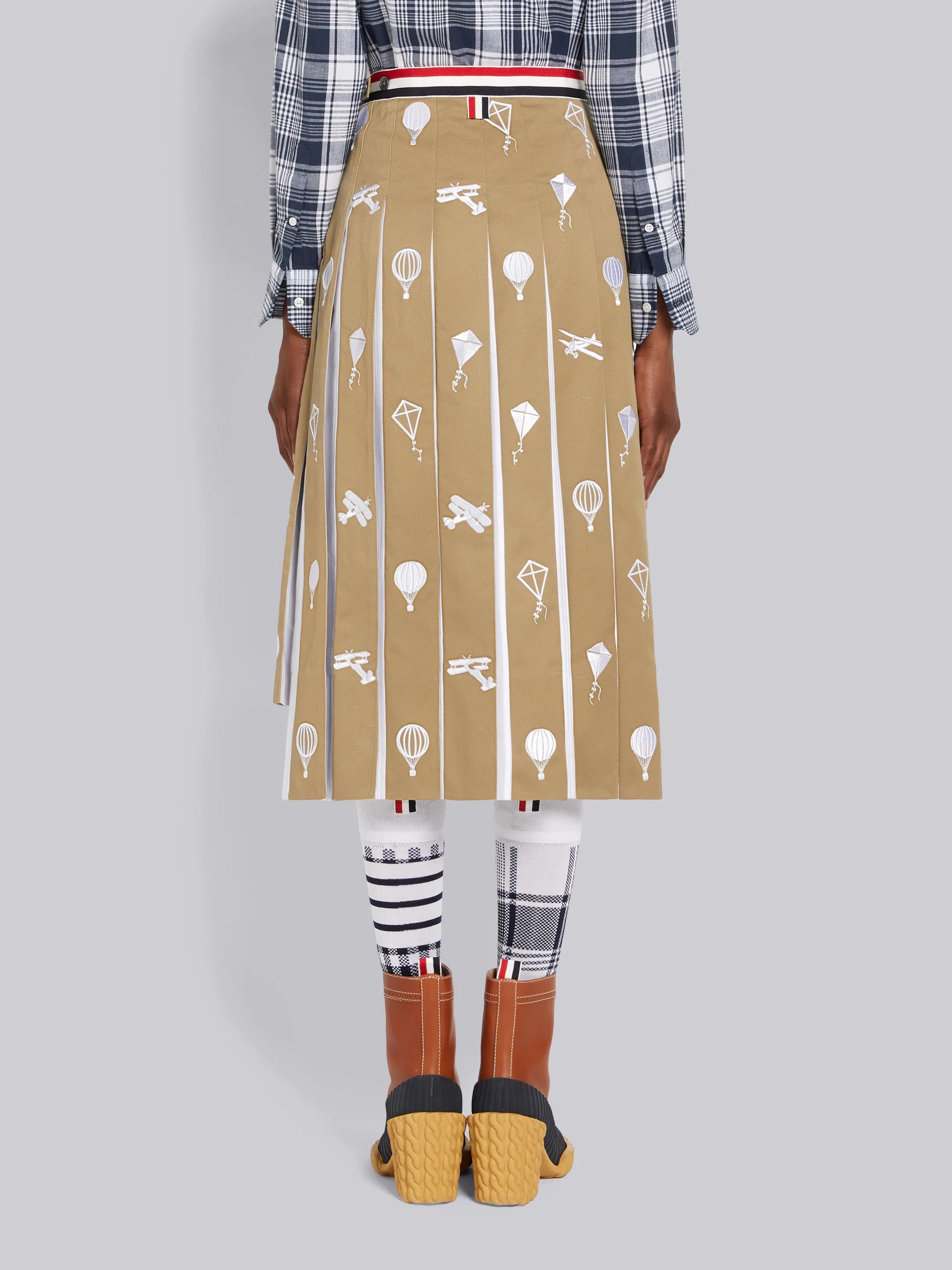 Camel Cotton Twill Sky Icon Half Drop Stripe Waistband Dropped Back Below the Knee Pleated Skirt - 3