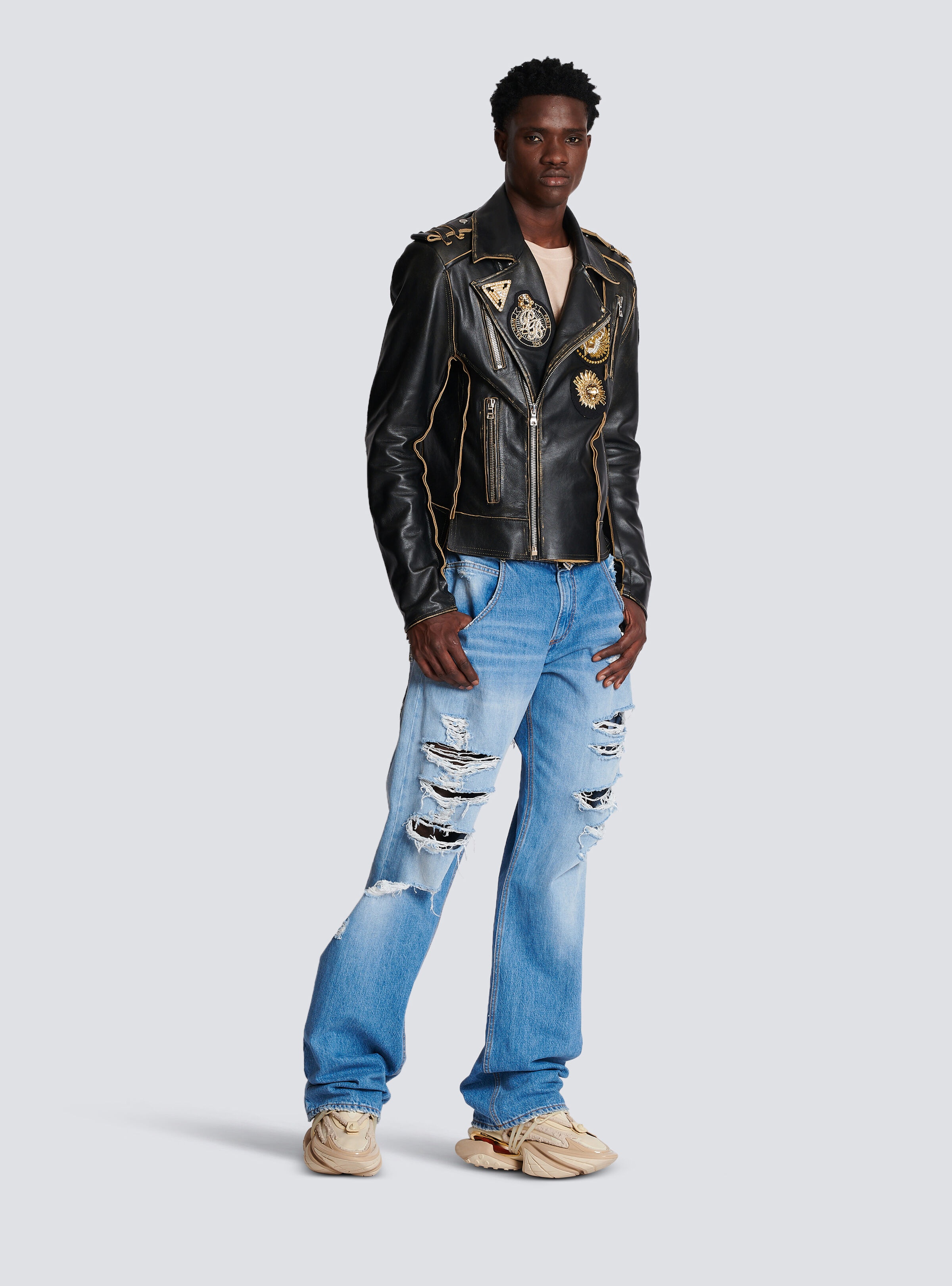 Leather biker jacket with embroidered badges - 3
