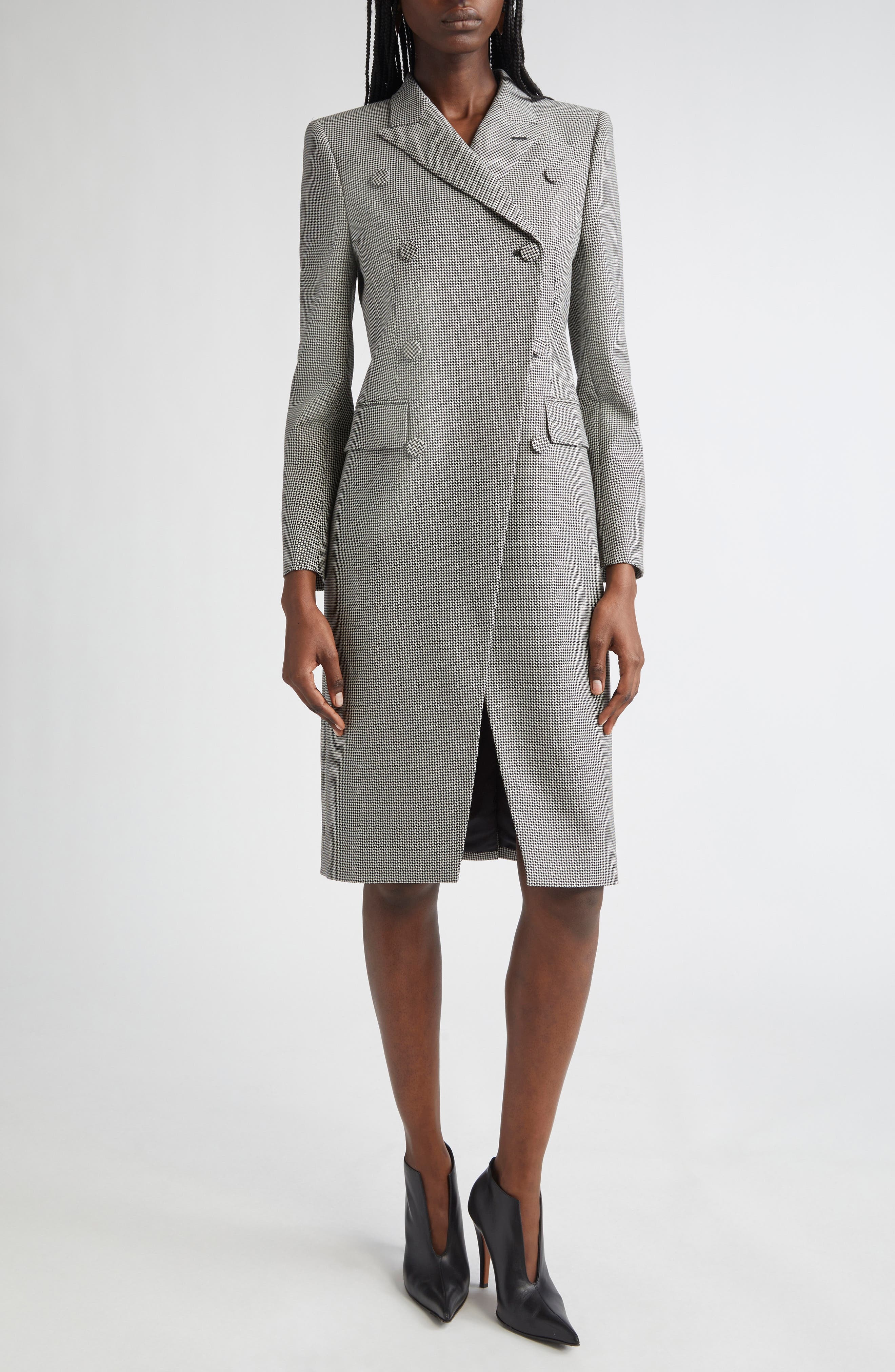 McQueen Houndstooth Check Double Breasted Wool & Mohair Coat in Black/Ivory at Nordstrom - 1