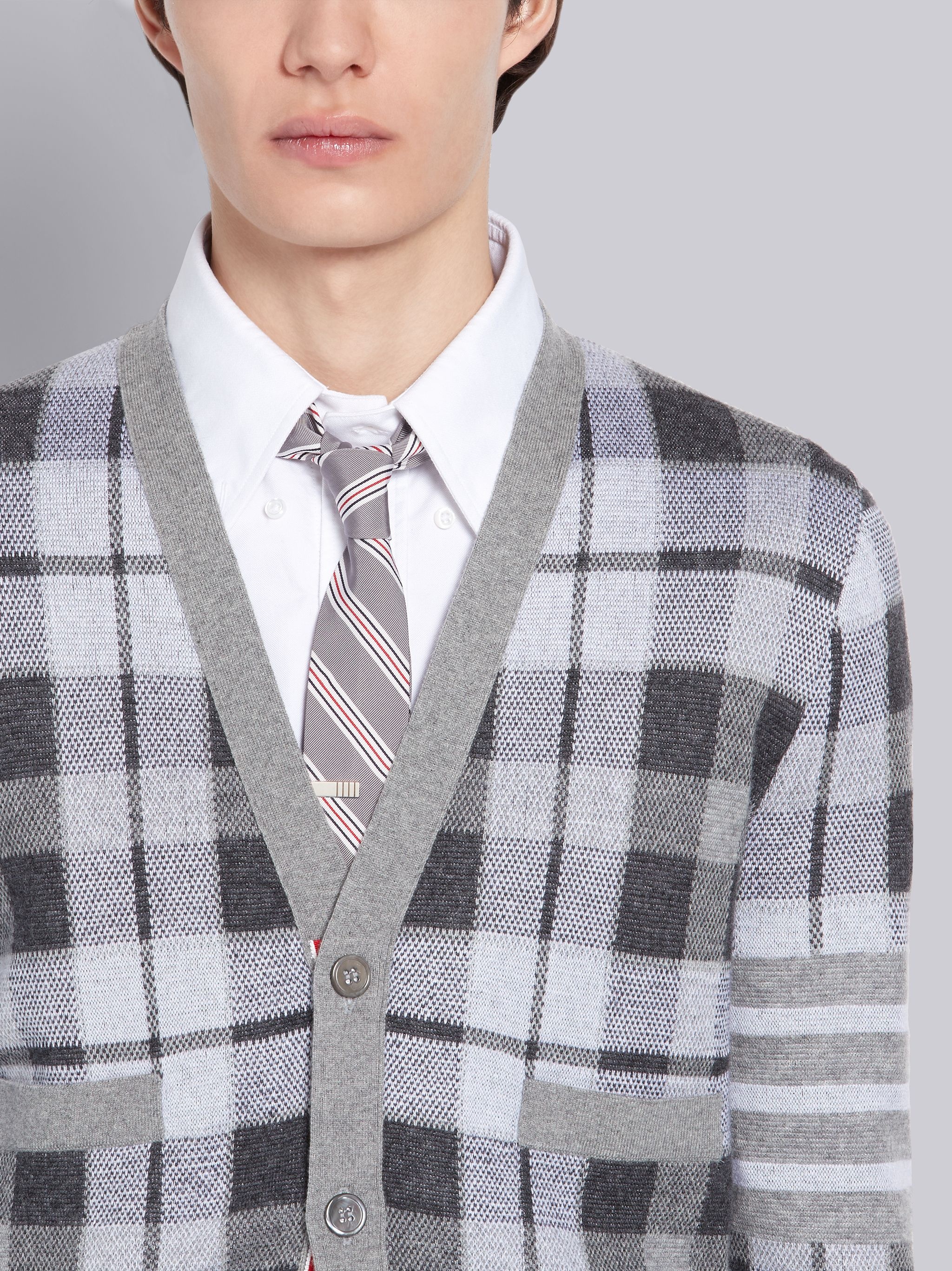 Medium Grey Cashmere Tartan Check Jacquard V-neck 4-Bar Cardigan - 5