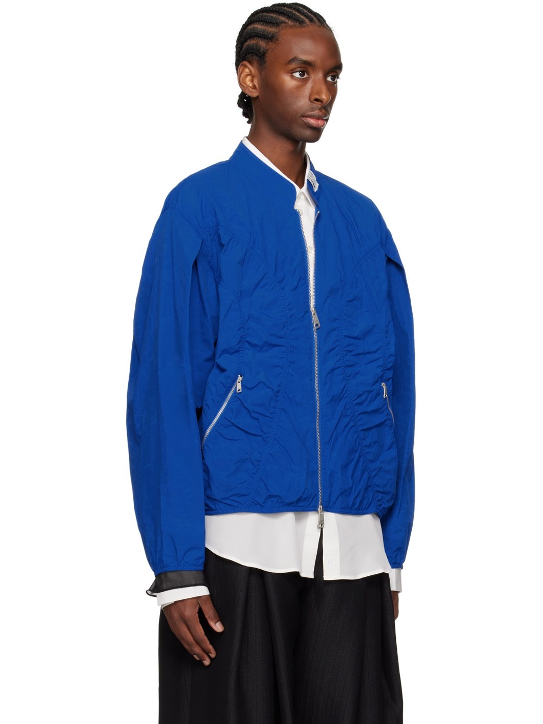 Blue Ruched Bomber Jacket - 2