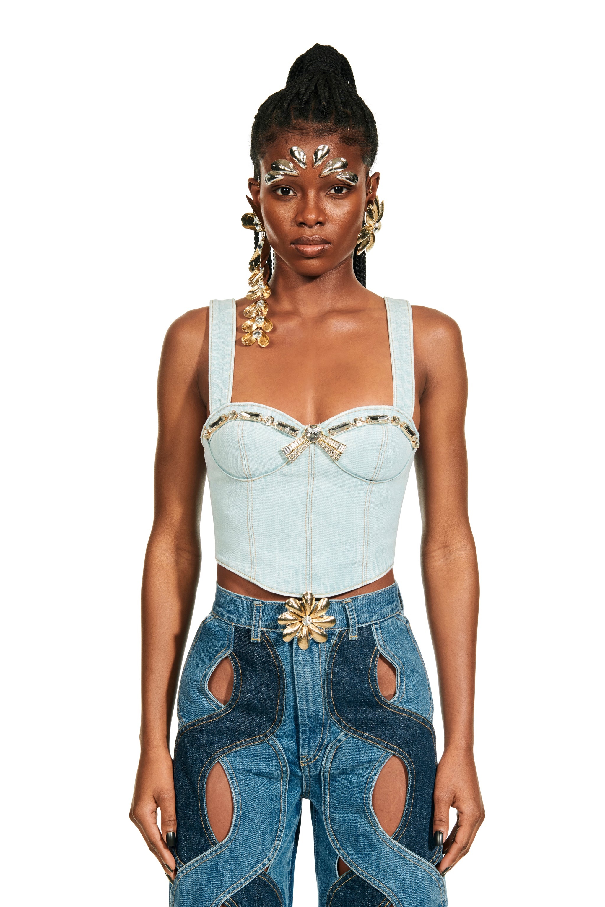 CRYSTAL TRIM DENIM BUSTIER - 3