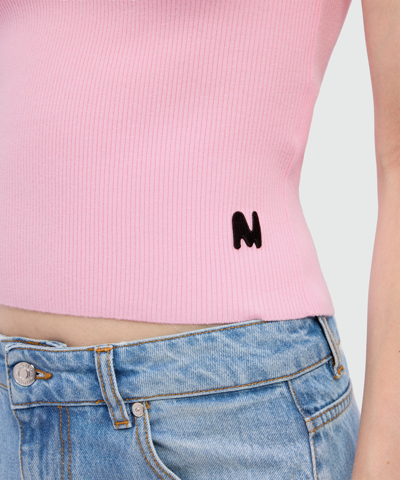 Pink ribbed techno-viscose polo shirt with contrast button detail 5