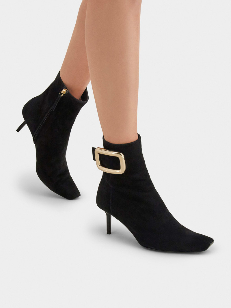 Roger Vivier Viv' Choc Metal Buckle Booties in Suede outlook