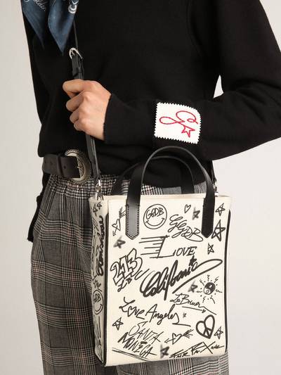 Golden Goose Mini California Bag in white cotton with contrasting black print outlook
