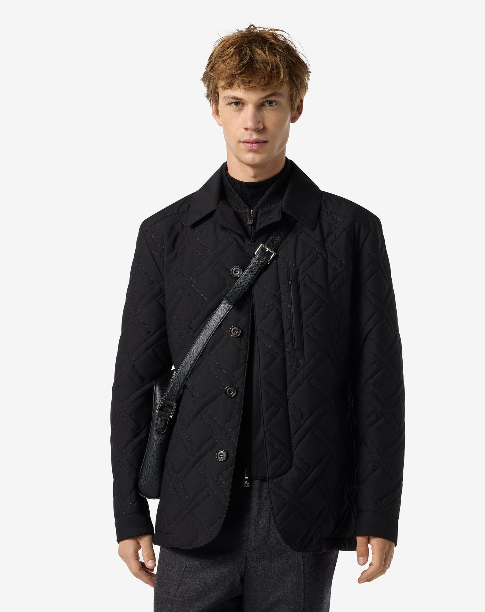 Black technical fabric caban coat with detachable vest - 2