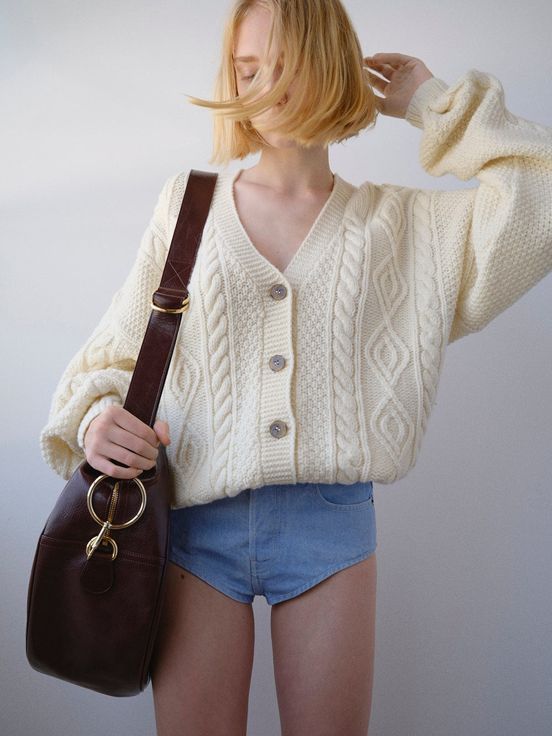 FRAME Oversized Cableknit Cardigan in Cream outlook