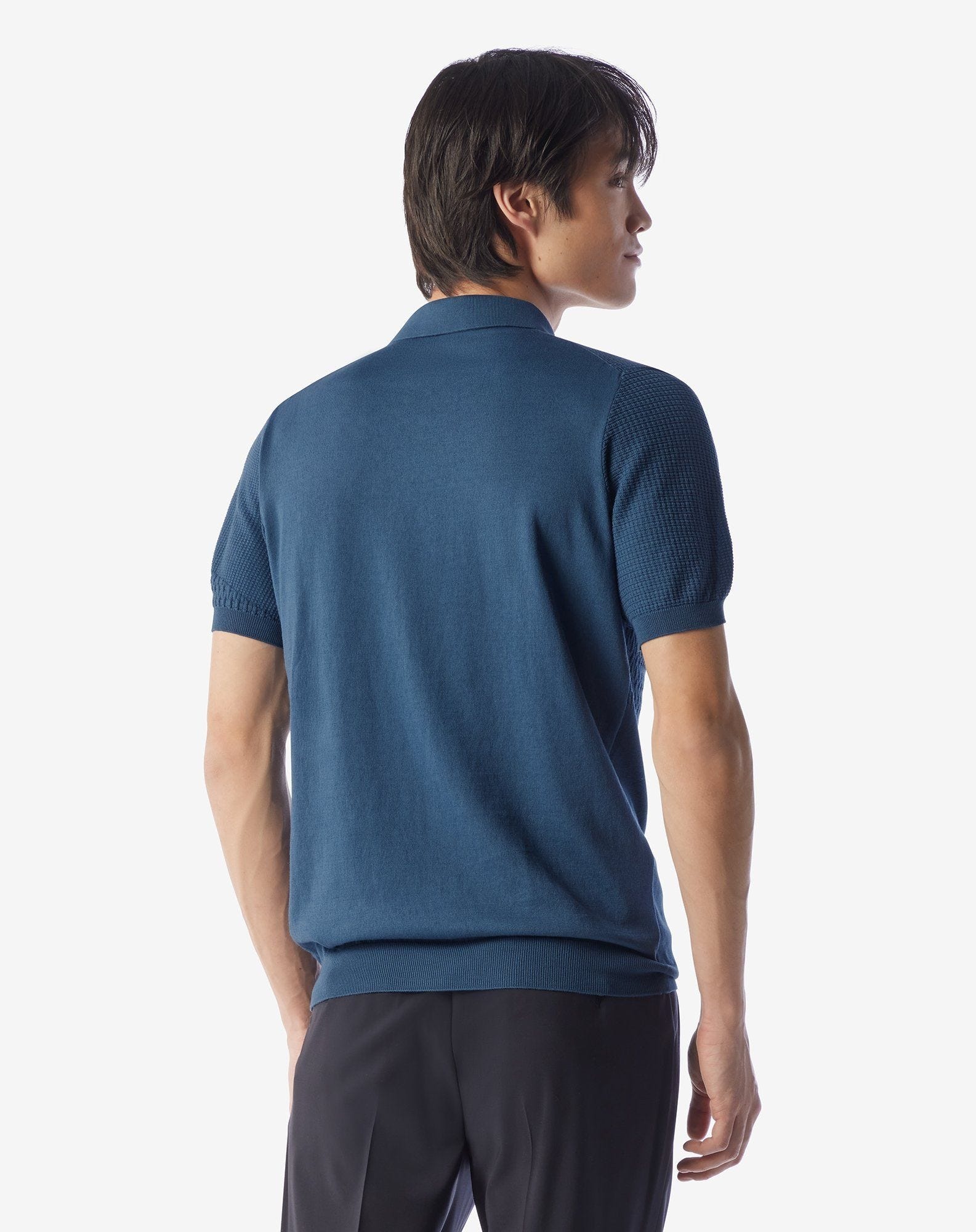 Denim blue zip-up Pima cotton polo shirt - 3