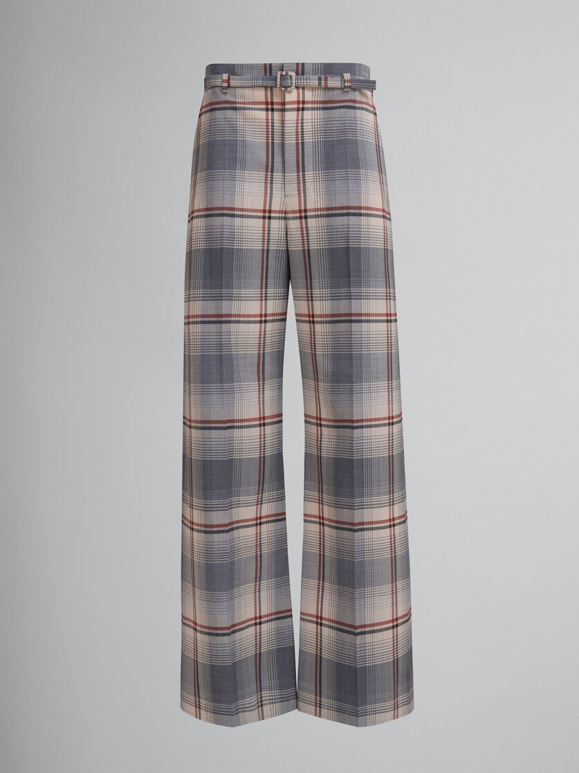 GREY CHECKED WOOL TROUSERS WITH BELT - 1