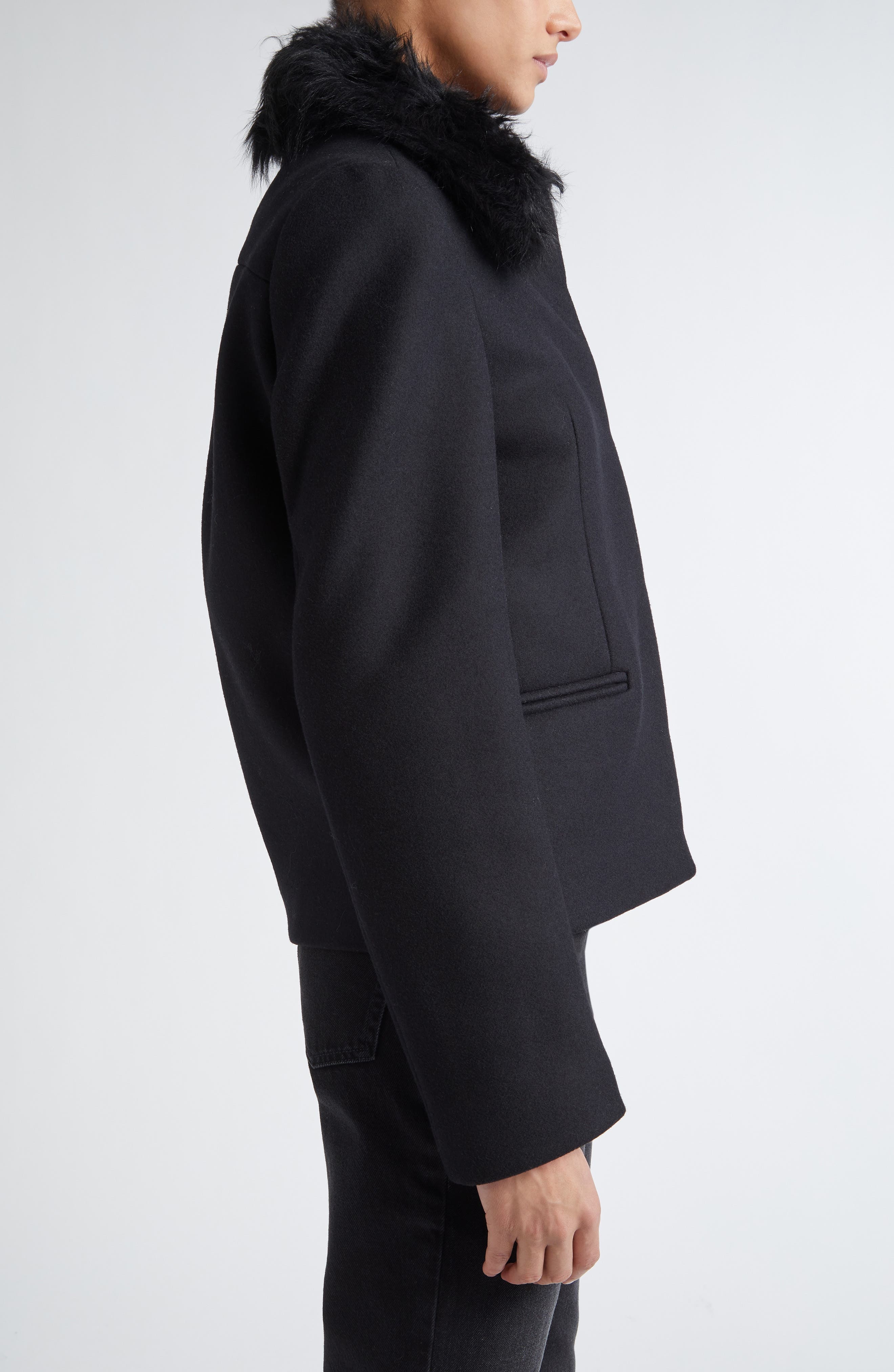 TOTEME Wool Blend Jacket with Removable Genuine Shearling Collar in Black at Nordstrom - 4