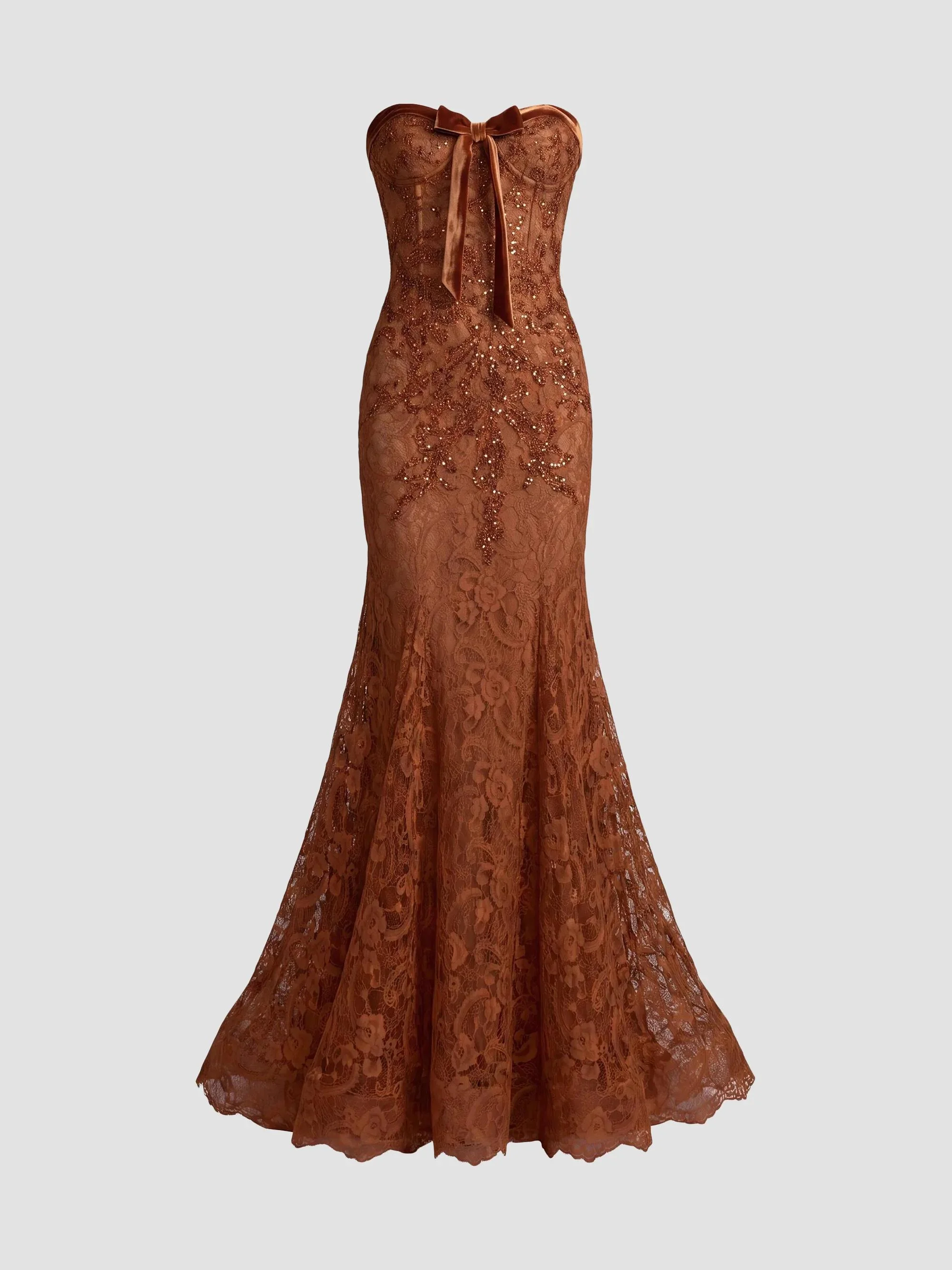 Women's Embellished Lace Strapless Mermaid Gown - Cinnamon - 1