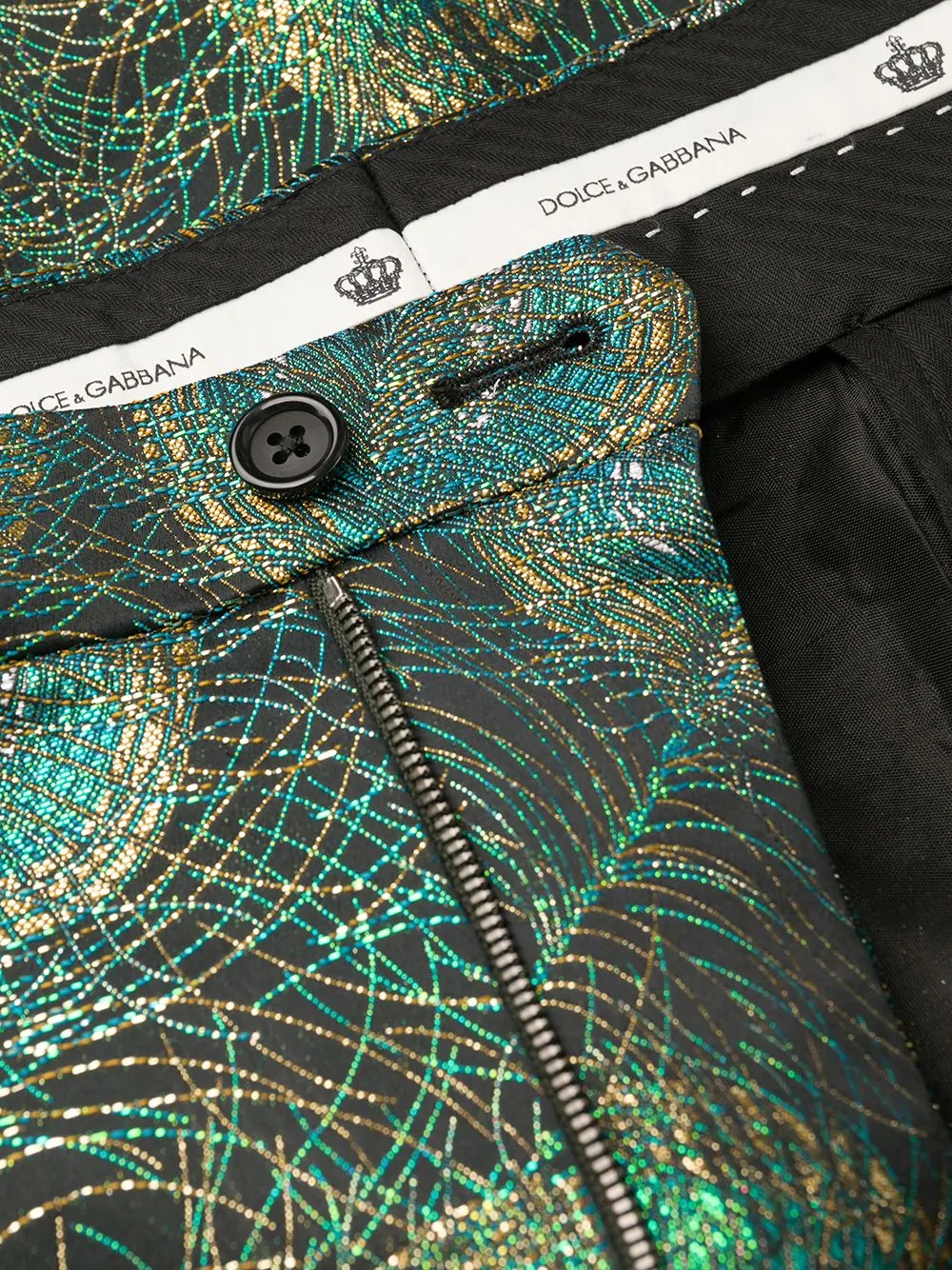 metallic peacock print tailored trousers - 7