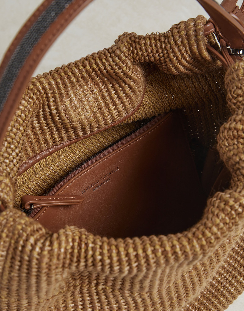 Techno raffia bucket bag with shiny handle 5