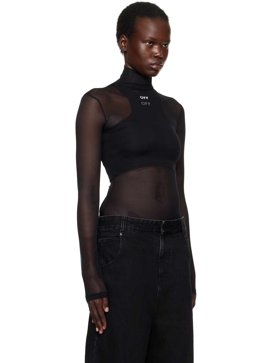 Black 'Off' Stamp Mesh L/S Turtleneck - 2