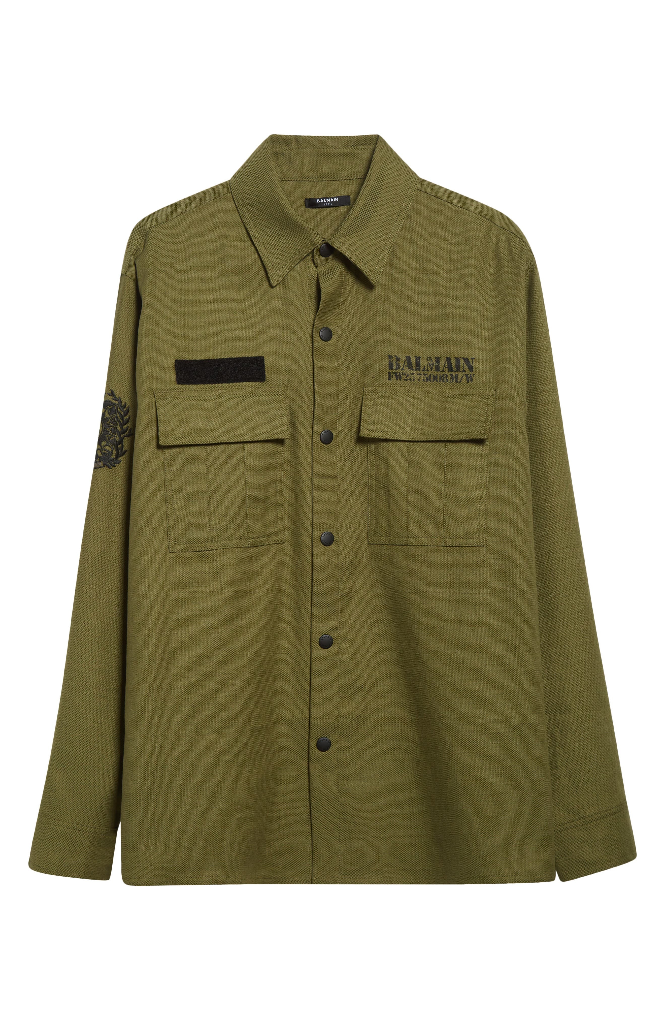 Balmain Small Logo Stamp Canvas Snap-Up Shirt in 7Cw Kaki at Nordstrom - 6