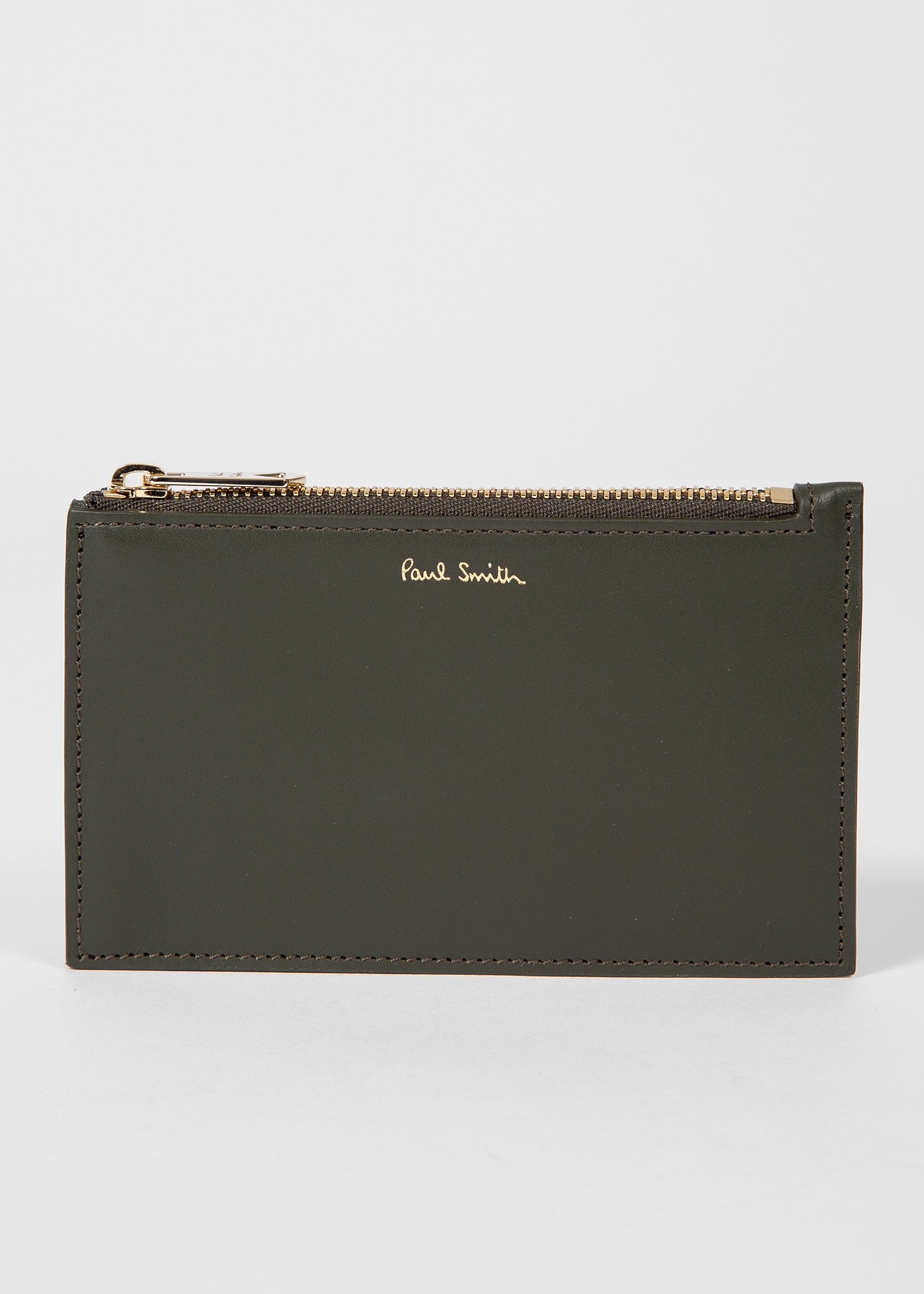 Khaki 'Signature Stripe' Leather Zip Pouch - 1