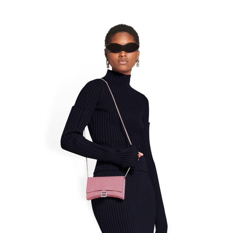 BALENCIAGA Women's Hourglass Xs Wallet On Chain In Sparkling Fabric in Pink outlook